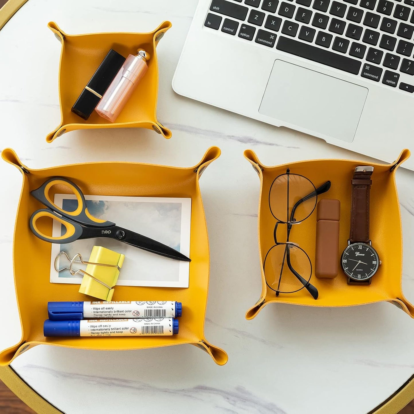 3 packs PU Leather Tray in 3 Sizes Jewelry Tray Glossy Leather Desk Organizer Leather / Yellow