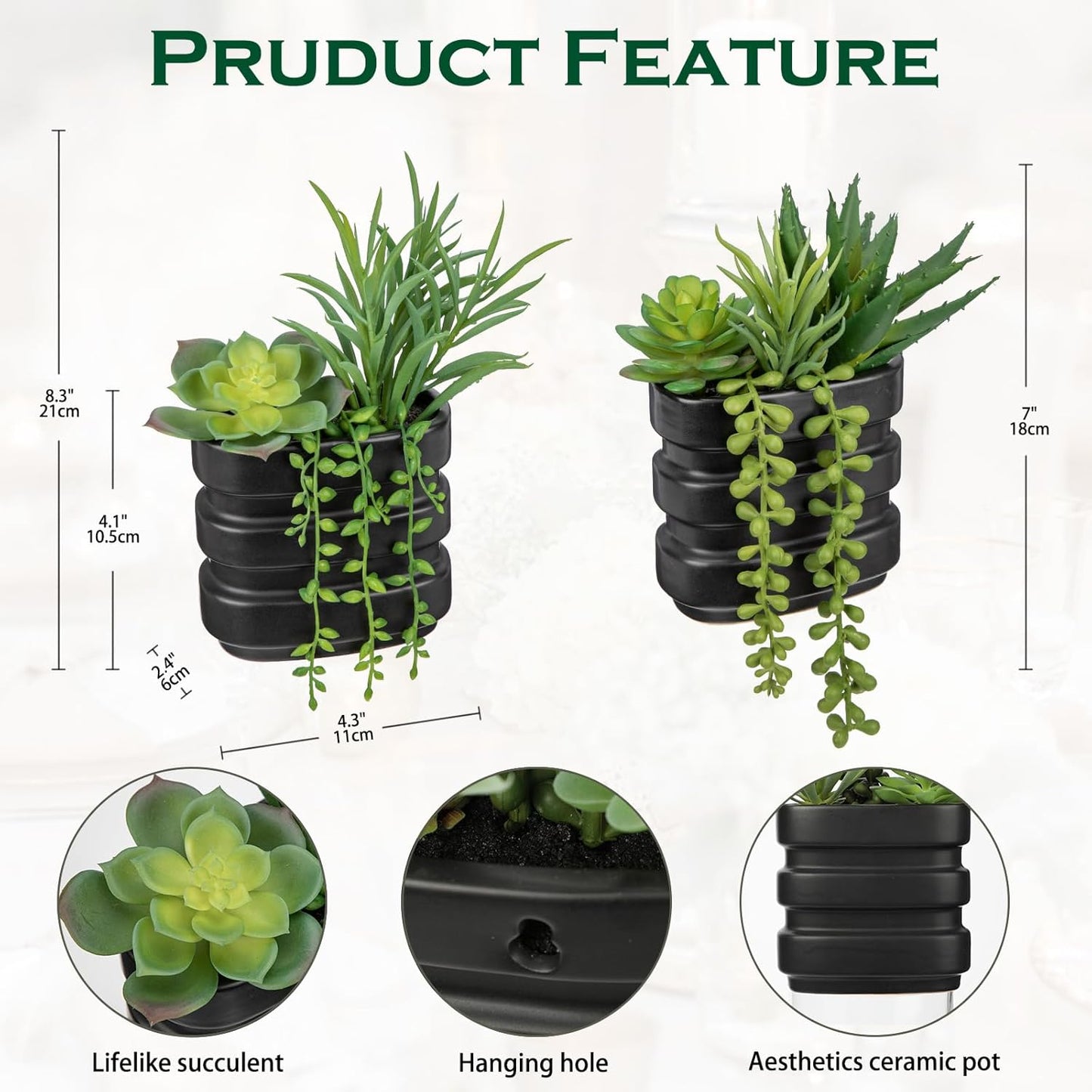 Fake Succulents in Ceramic Pots Dual Use Artificial Succulents Arrangement in Vase / Set 2# / Black