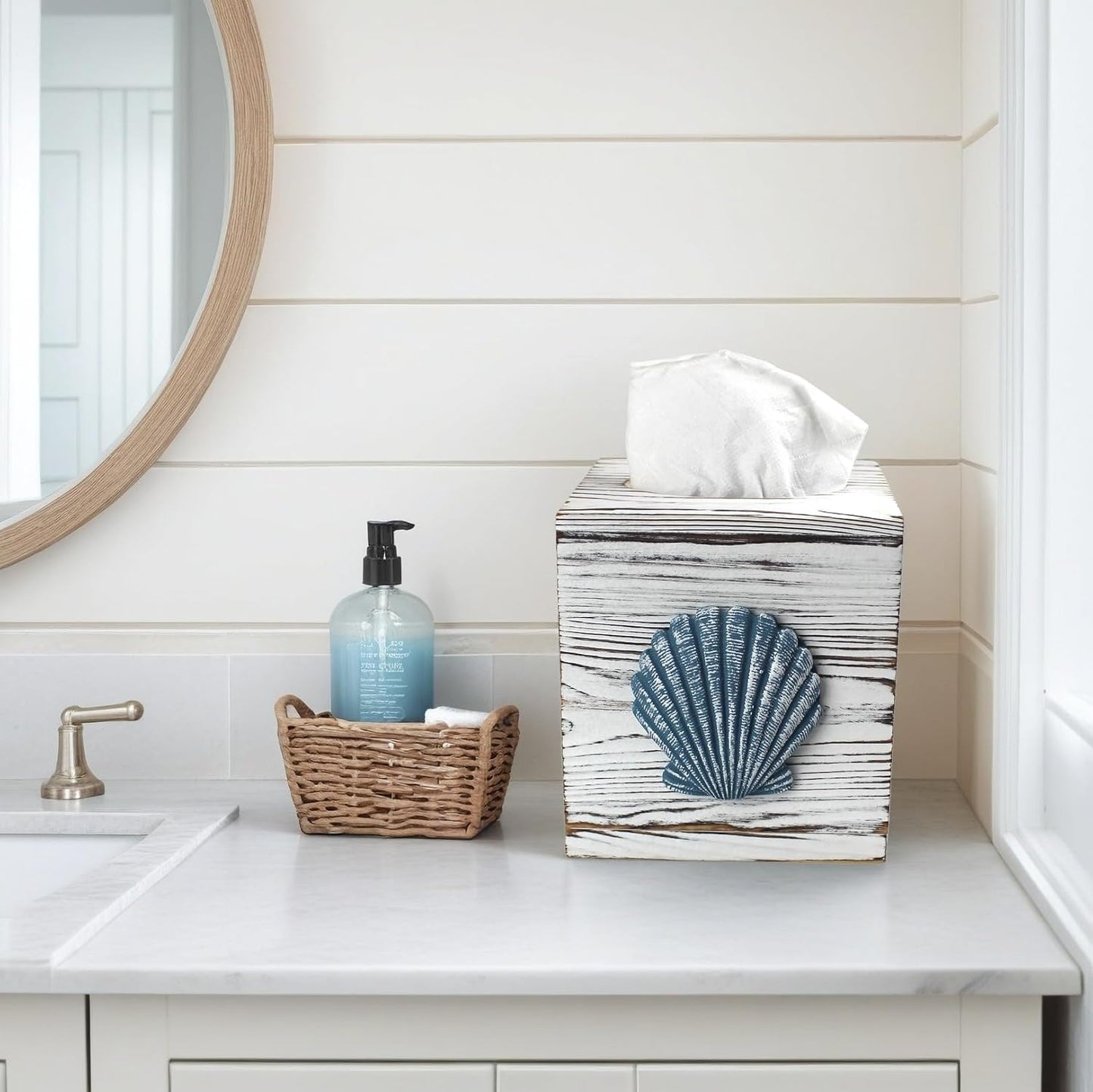 Coastal Tissue Box Cover Wooden Retro / Seashell