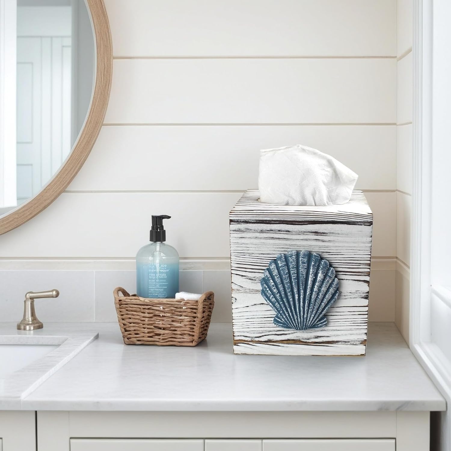 Coastal Tissue Box Cover Wooden Retro / Seashell