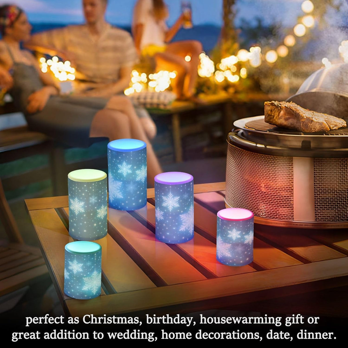Flickering Flameless Candles, Christmas Snowflakes Blue Background LED Candles with Remote Timer, Set of 2 Battery