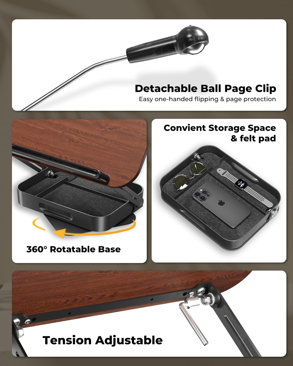Adjustable Book Stand with Storage Drawer, 360° Rotating Book Holder, Height & Angle Adjustable, Extra-Wide Page Clips