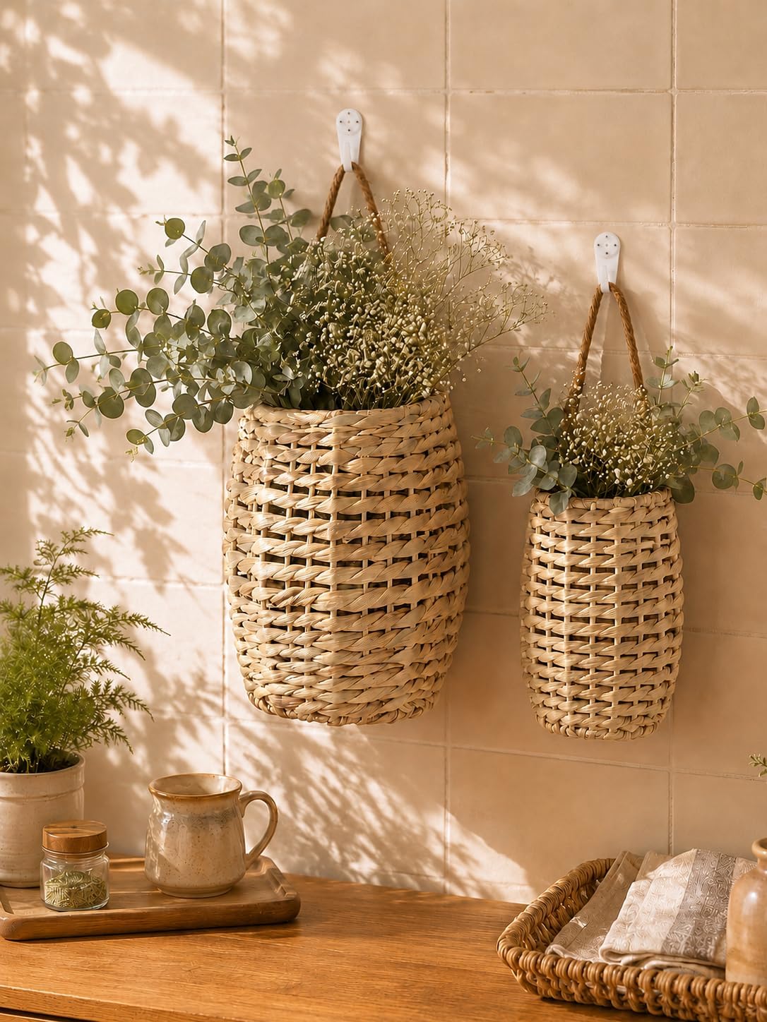 Hand-Woven Boho Front Door Basket for Flowers / Set of 2