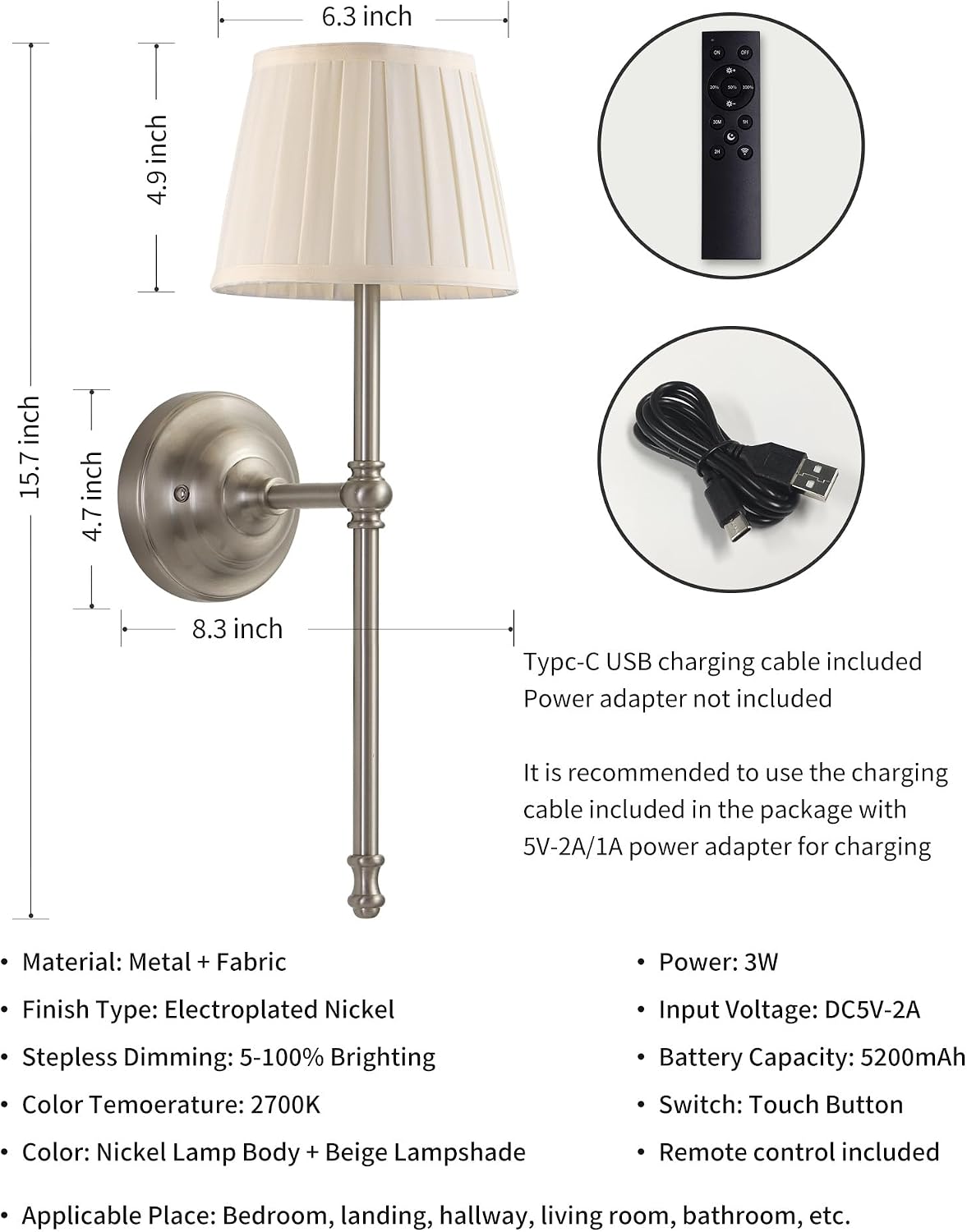 KDG Nickel Cordless Wall Sconces Set of 2, Beige Fabric LED Wall Lamp | Wireless Small Rechargeable Battery, Portable