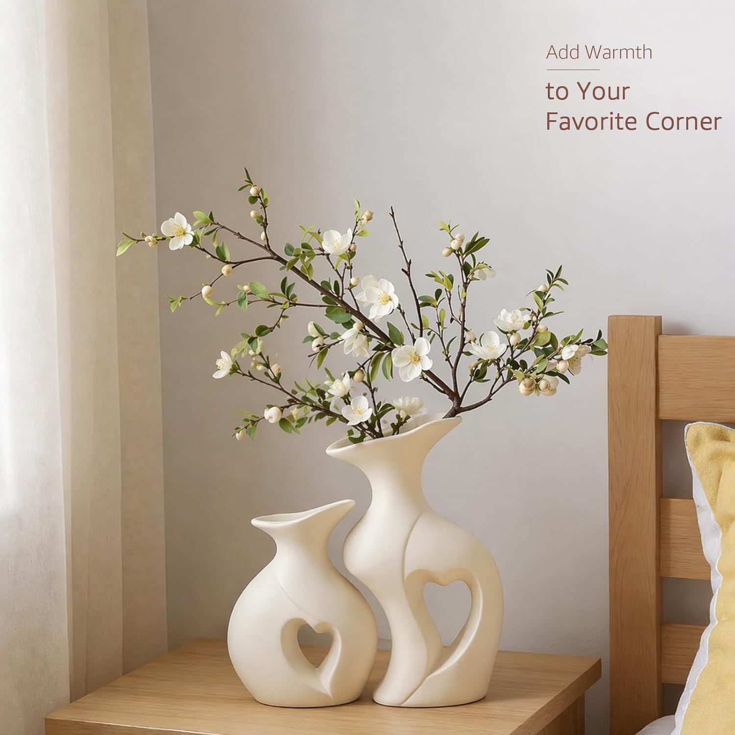 Ceramic Vase Hollowed Heart Flower Vase Set for Modern Nordic Boho Home Decor / White
