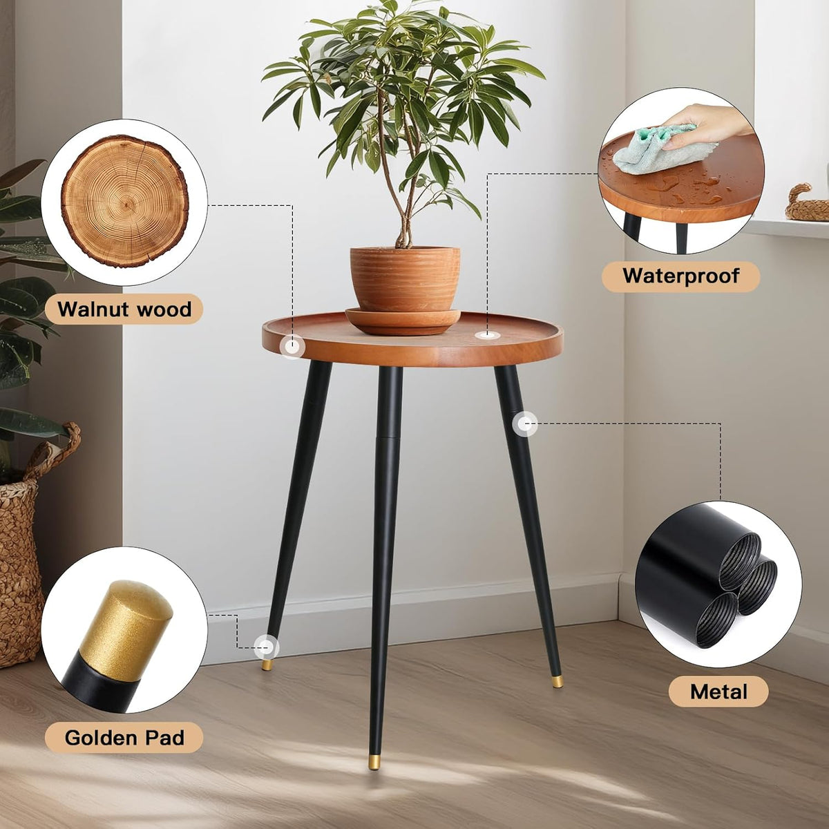 KINNARY Plant Stand Indoor, Mid Century Wood Plant Table Plant Holder with Raised Design,Heavy Duty Metal Tall Flower