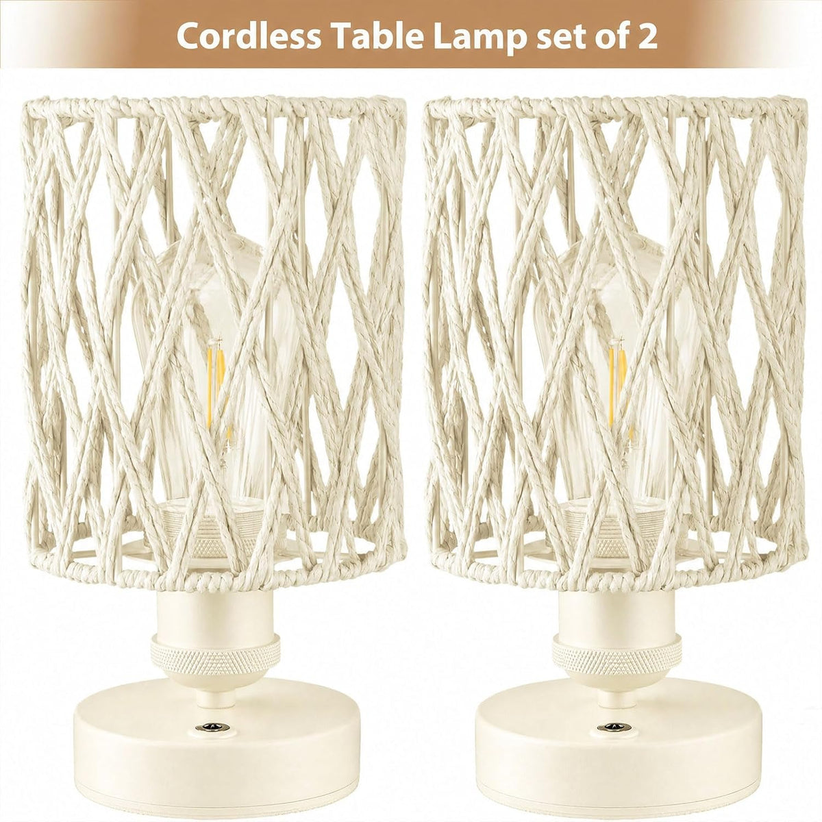 Cordless Outdoor Table Lamps, Small Rattan Boho, Rechargeable Battery Operated for Outdoor Patio, Home, Living Room