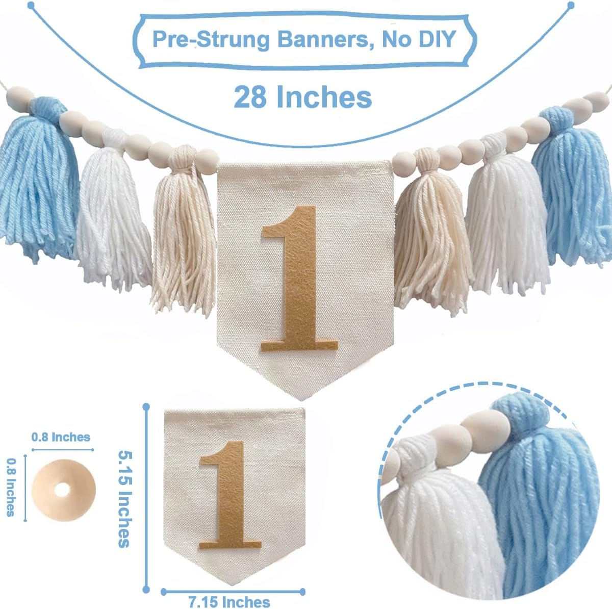 First Birthday Party Decorations Highchair Wood Bead Tassel Garland 1st / Khaki Banner / Blue