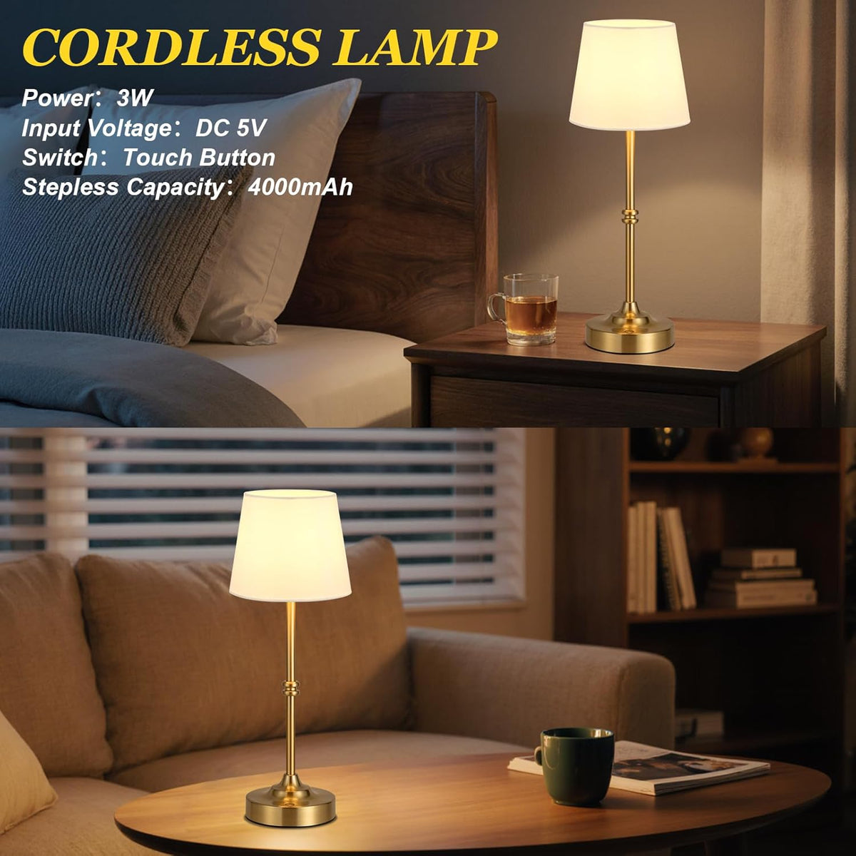 Kakanuo Cordless Table Lamp, Rechargeable Battery Operated, Brass, 1 Pack | 4000mAh Battery, USB-C Charging, 3000K Warm