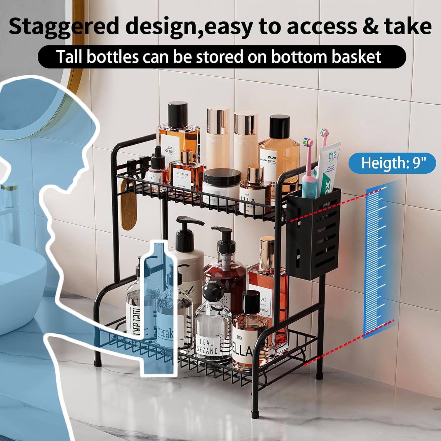 2 Tier Bathroom Countertop Organizer with Toiletries Basket for Vanity | Tool-free no-screw design.Sturdy black