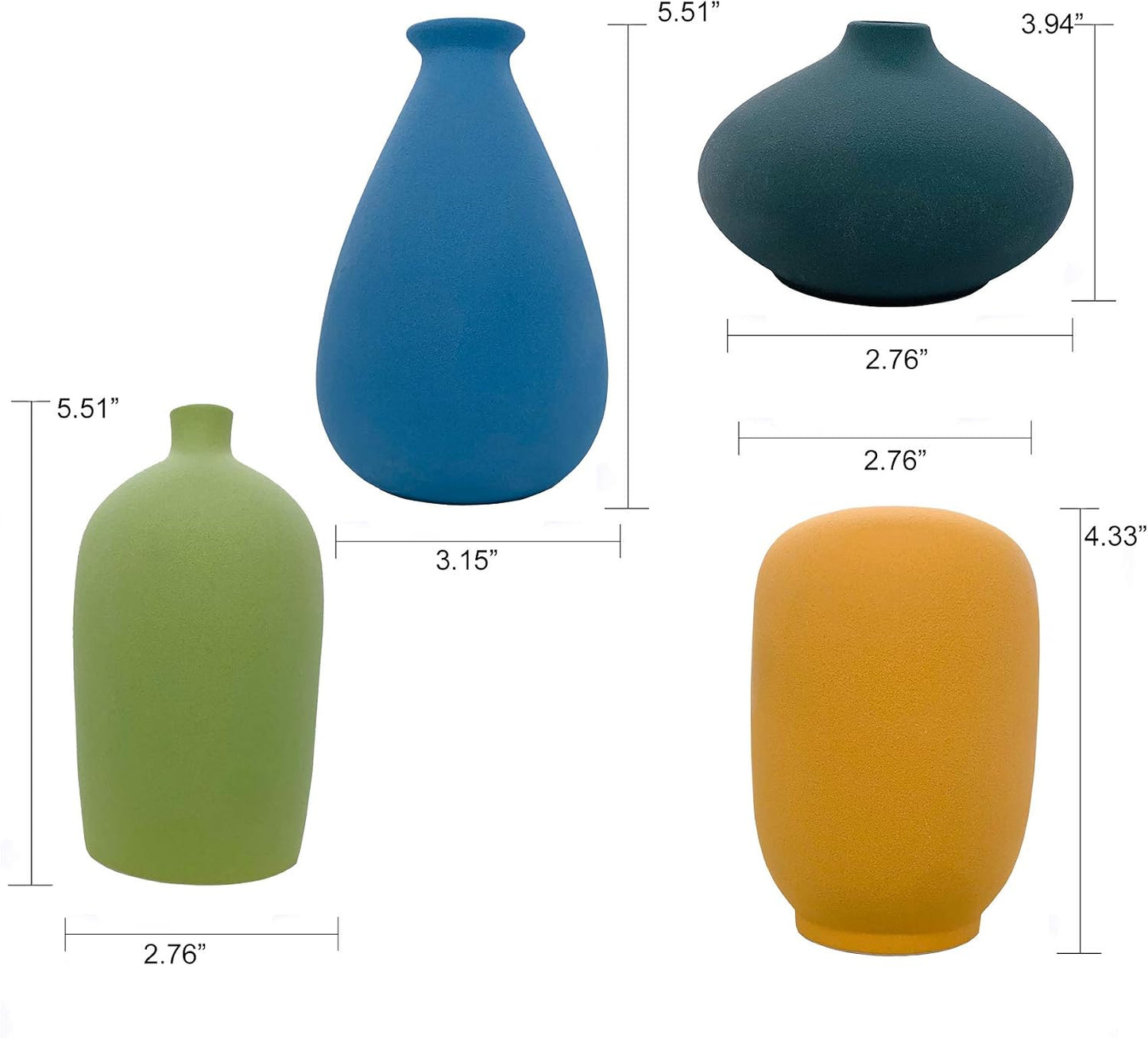 Small Ceramic Vase Decorative / Apple Green-blue-dark Green-orange / Set of 4