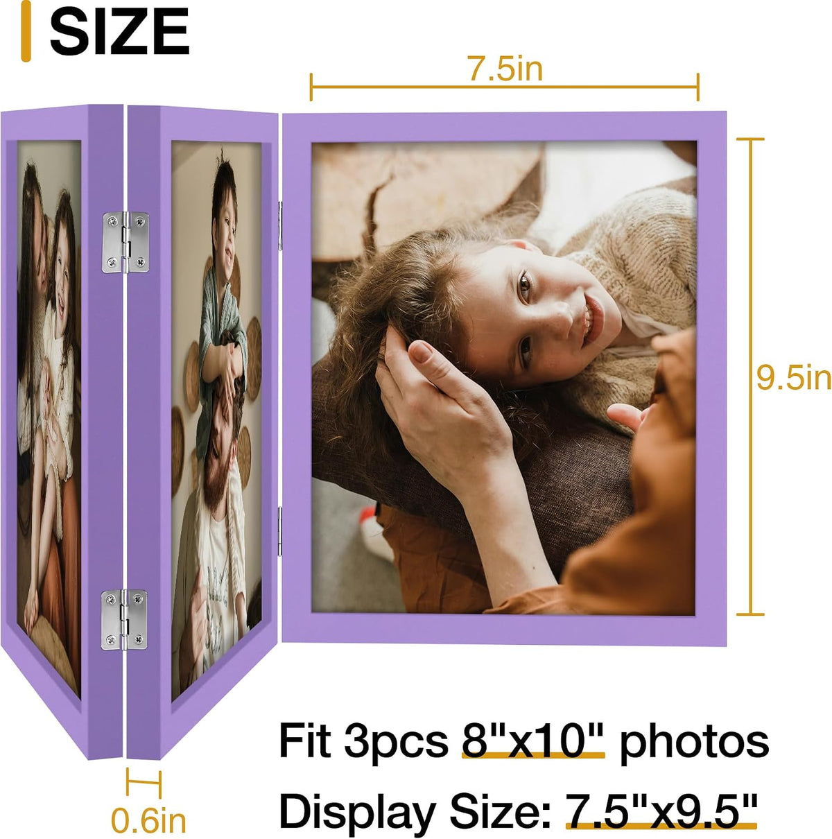 decorUhome Purple Triple 8x10 Picture Frame Vertical, MDPP08 | "Z" Shape Folding Design Engineered Wood Trifold Photo