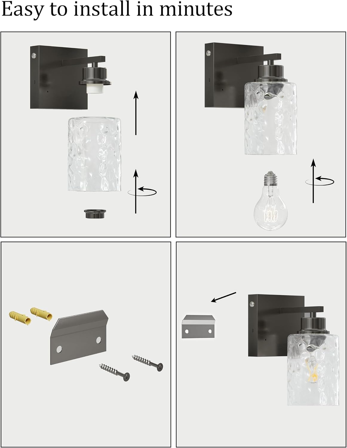Hammered Glass Wireless Battery Operated Wall Sconces Set of Two Black | Dimmable Rechargeable Wall Lights with Remote