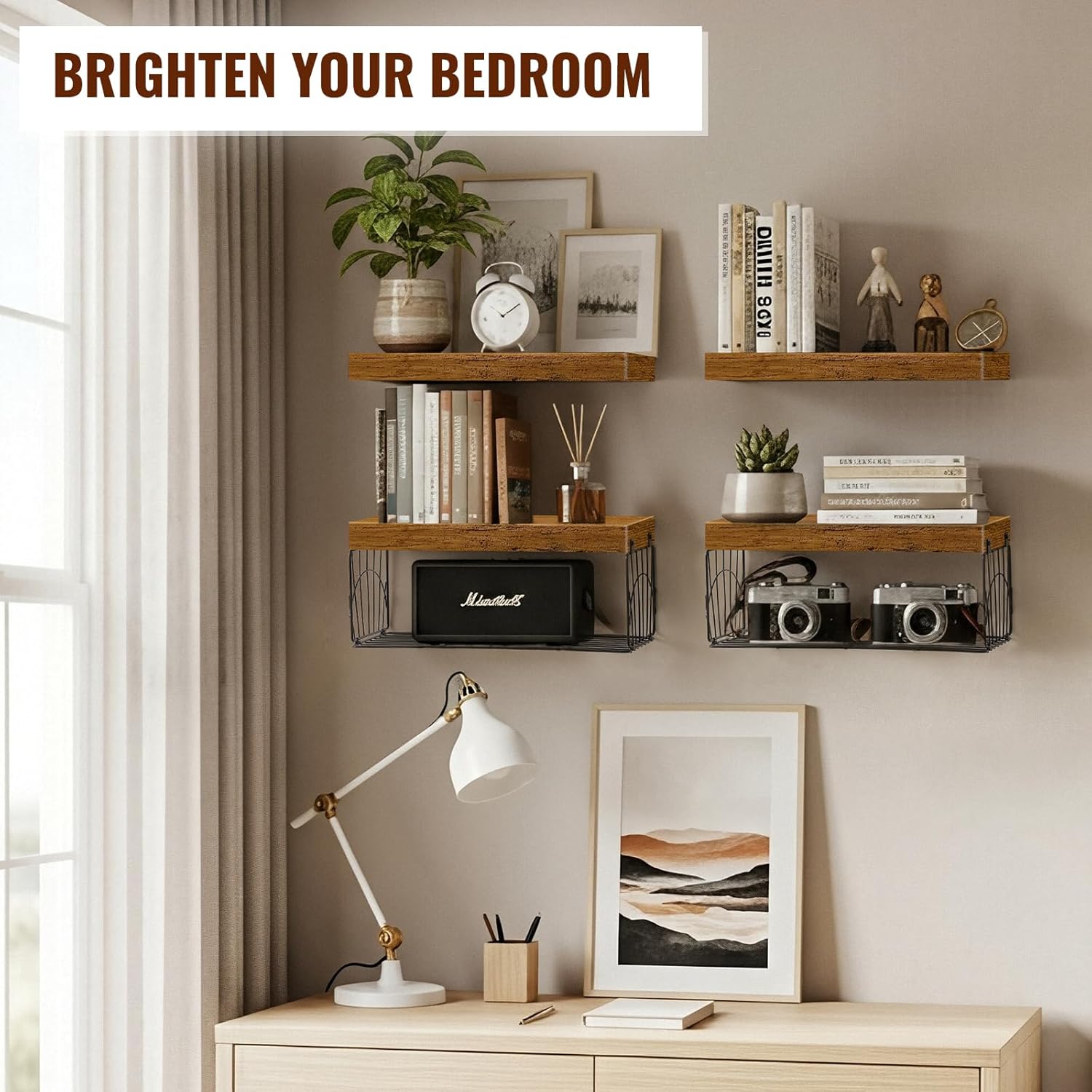 Wall Mounted Rustic Wood Floating Shelves / Brown / 16 Inches / Set of 4