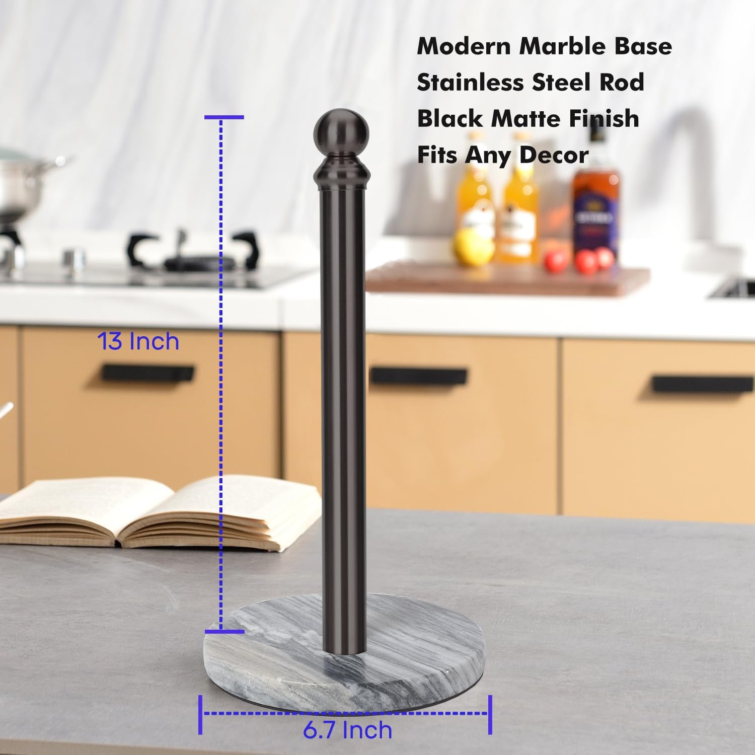 Black Paper Towel Holder Countertop with Heavy Marble Base, Standing Paper Towel Roll Holder for Kitchen Bathroom, with