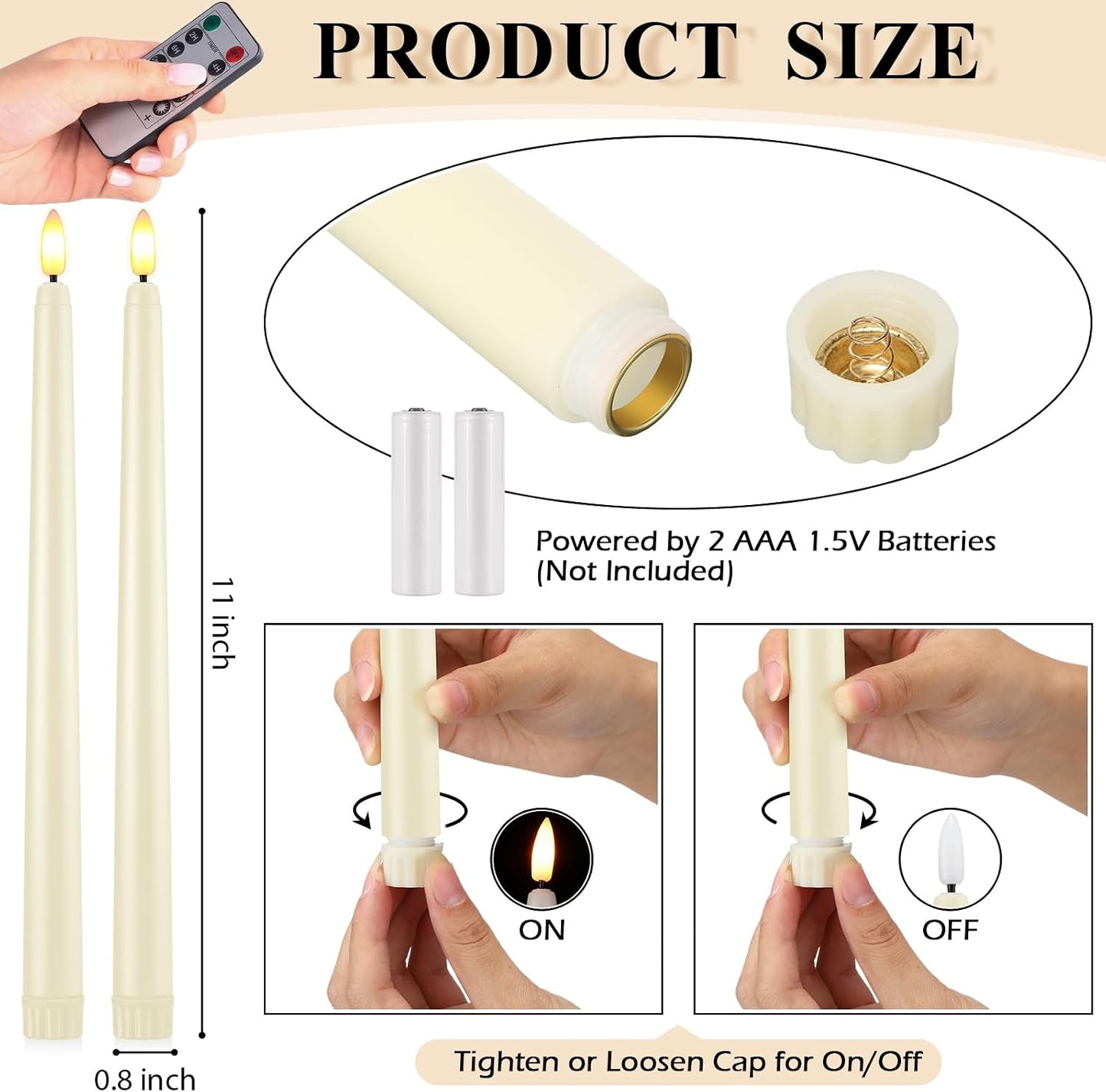 Reginary 48 Pcs Flameless Taper Candles with 4 Remote,Ivory,11 Inches | Battery Operated Timer Function, Flickering 3D