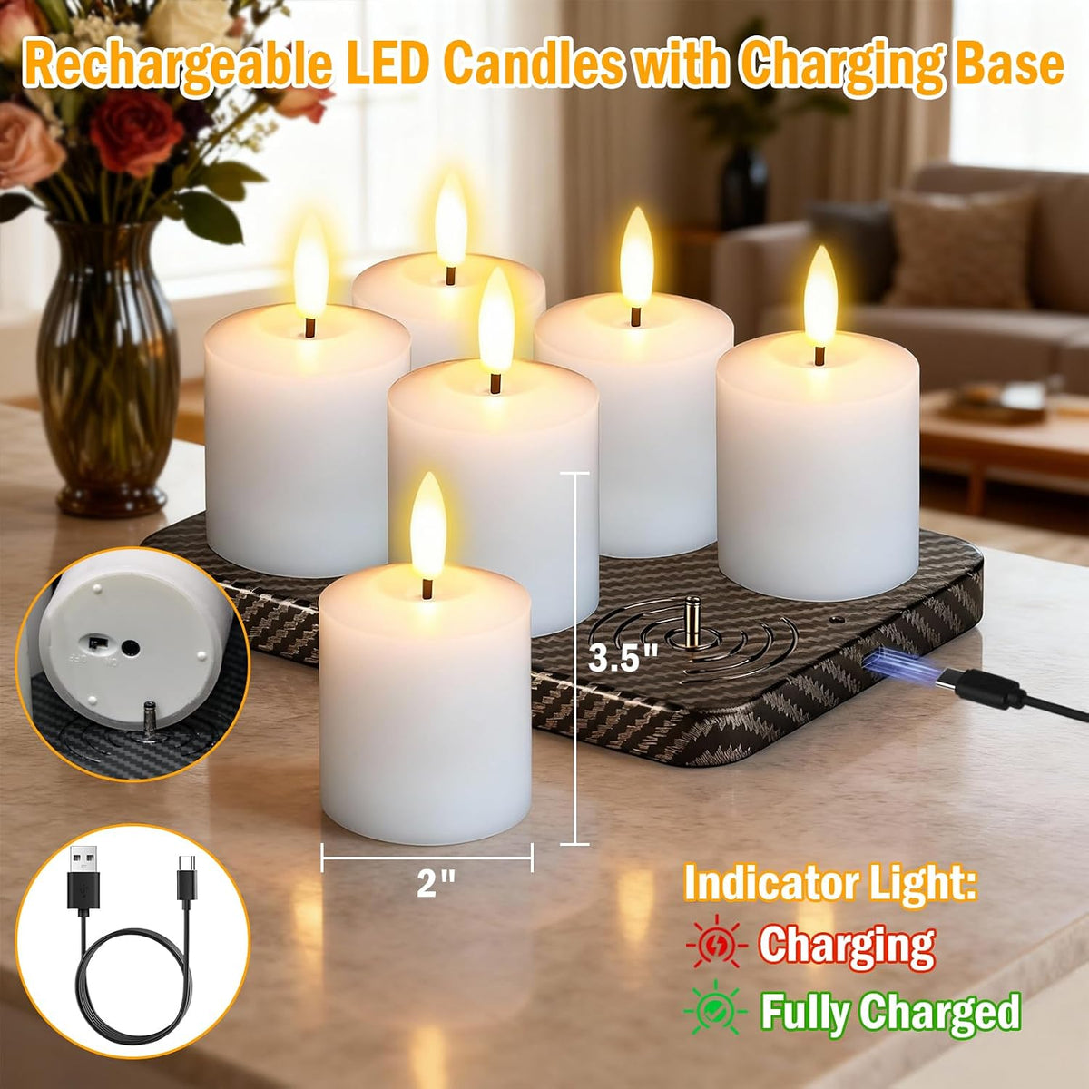 Wax Rechargeable Votive Flameless Candles Battery Operated Remote Timer | White, Charging Base, Pillar LED Fake