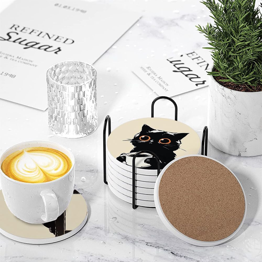 Holder / Coaster for Drinks / Cute Black Cat Design / Round / Set of 6