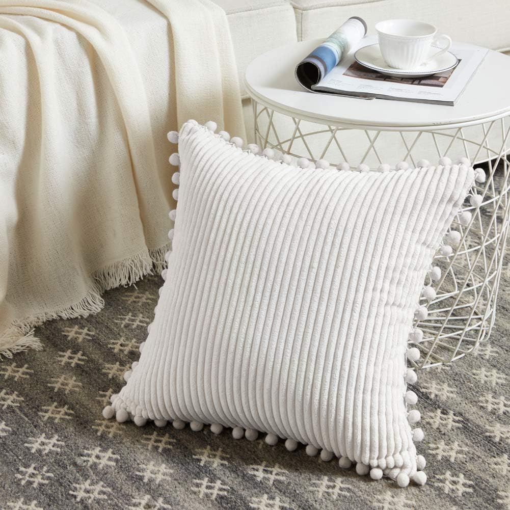Cream Corduroy Pom Pom Throw Pillow Covers / 18 x 18 / Cream White / Set of 2