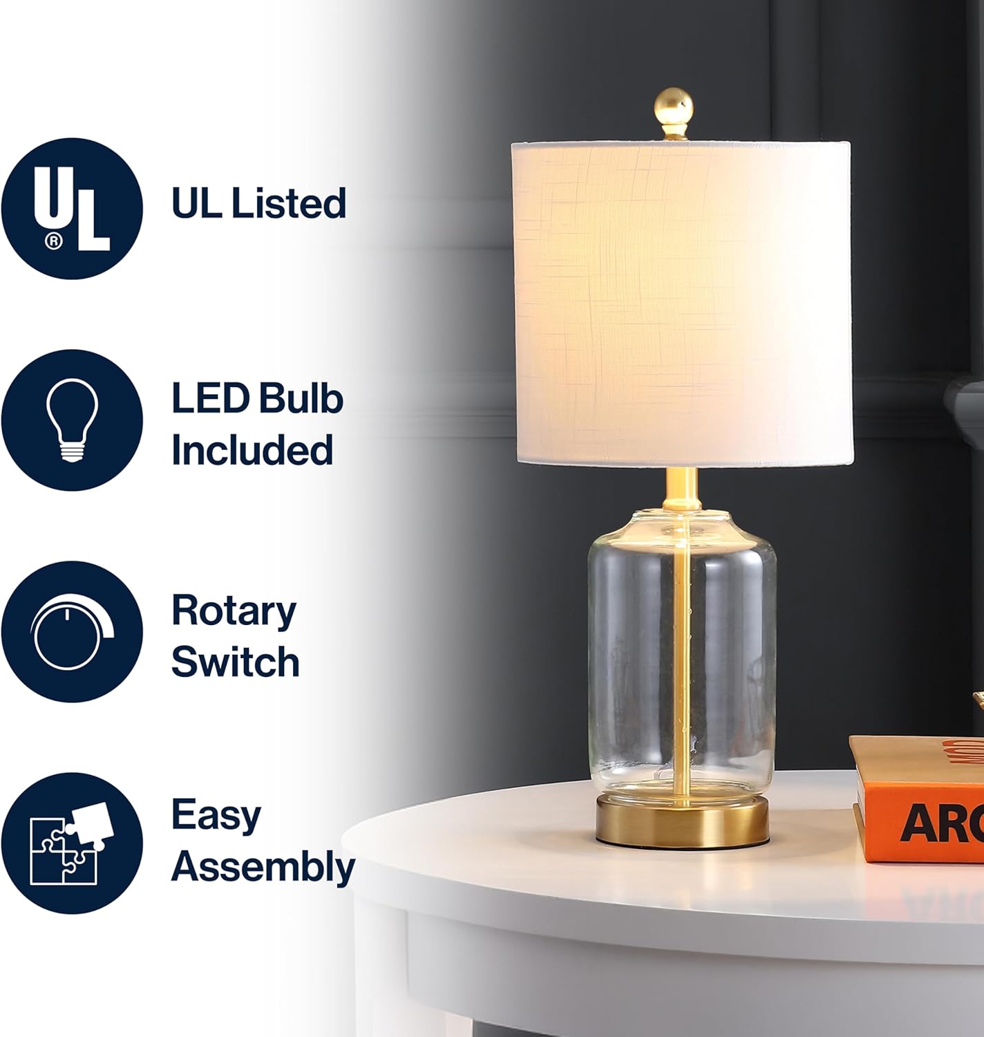 JONATHAN Y Duncan Table Lamp 19.5" Glass and Metal, Brass Gold and Clear | White Linen Drum Shade, Glam Transitional