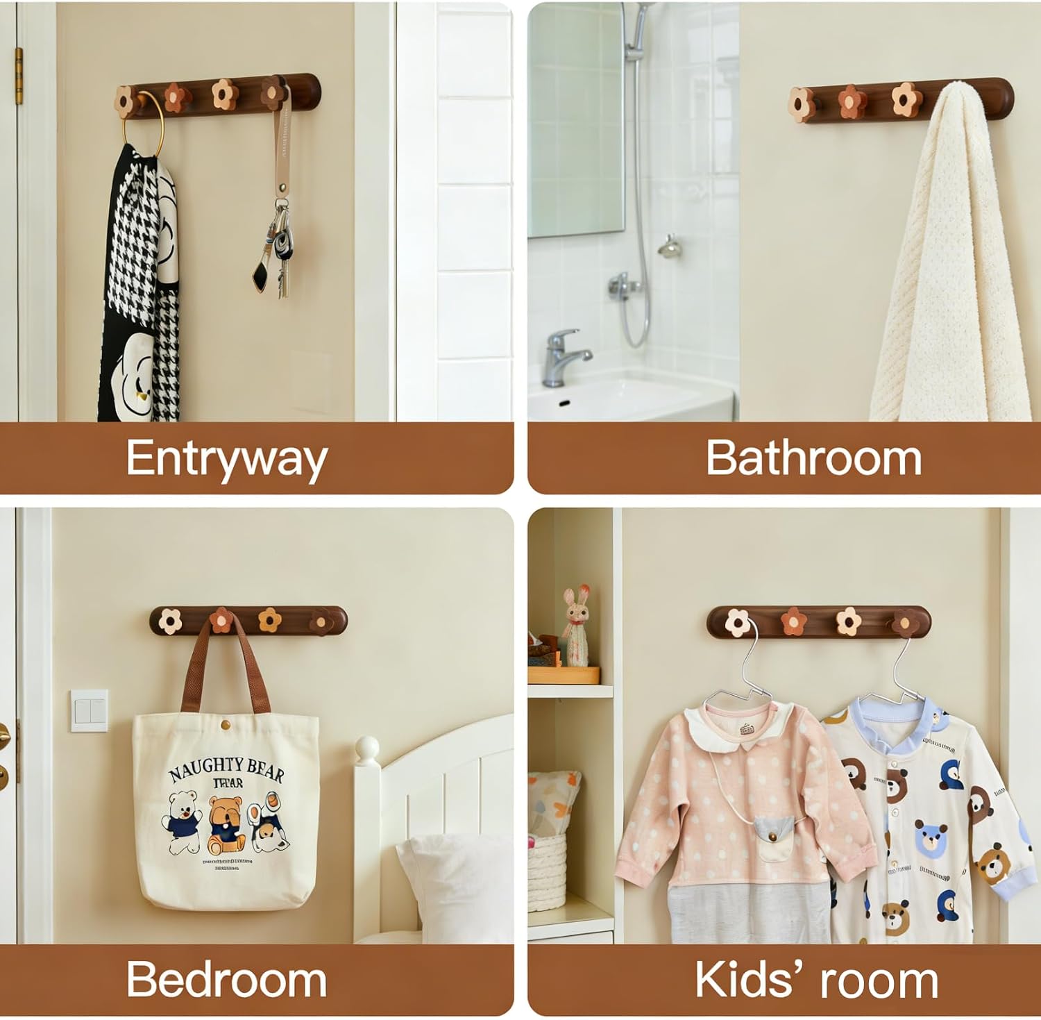 Wood Flower Coat Hooks for Hanging Clothes / Medium