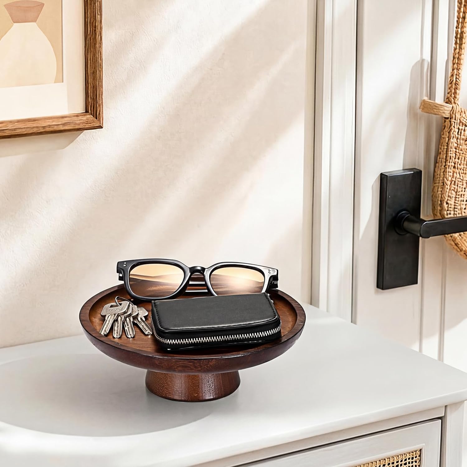 Wooden Key Bowl for Entryway Table Small Key Dish Pedestal Bowl for Fruit Candy / 7.9 Inches / Brown