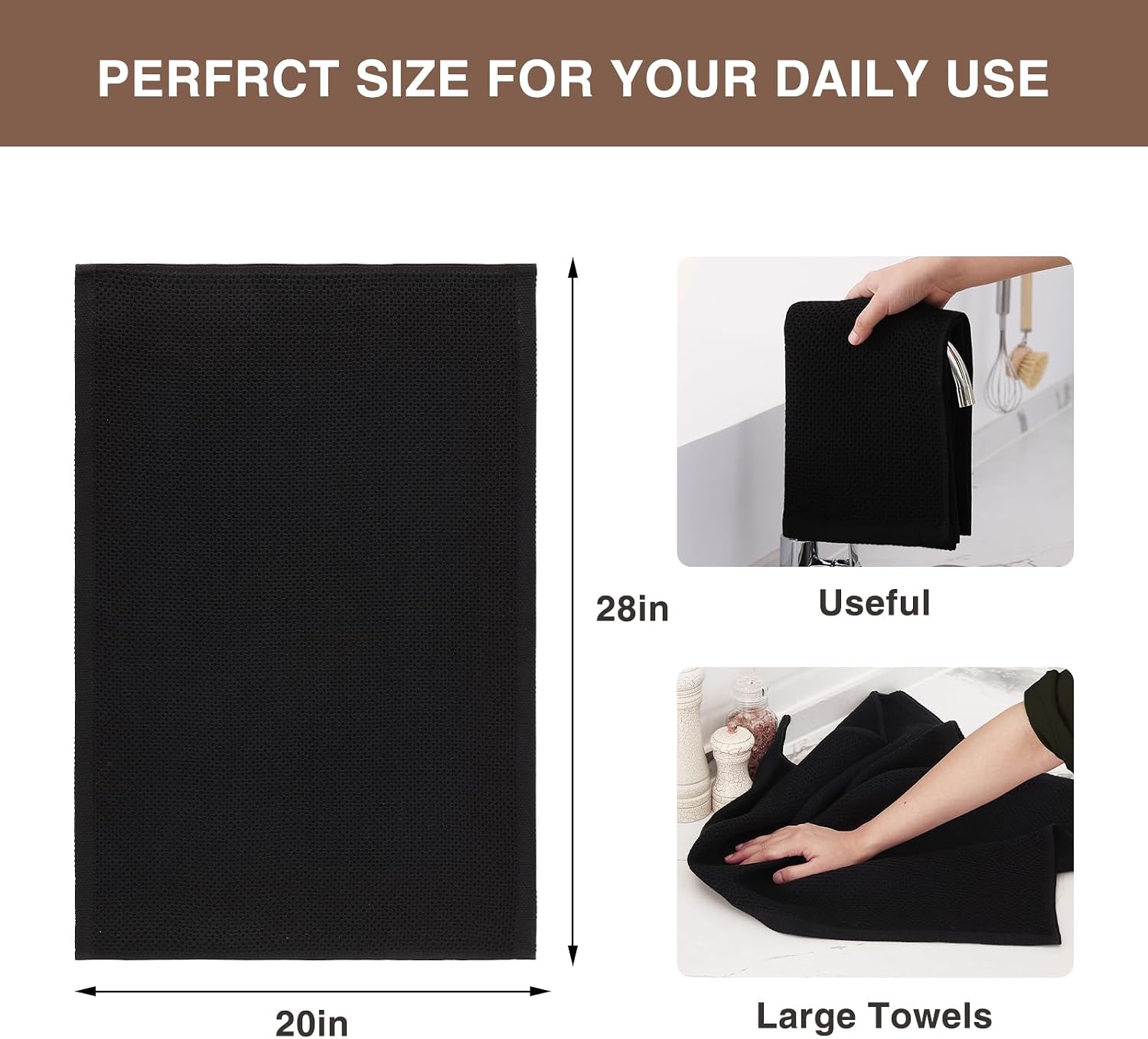 Homaxy 100% Cotton Oversized Waffle Weave Kitchen Towels 8-Pack, Black | 20 x 28 Inches, Ultra Soft Absorbent Dish