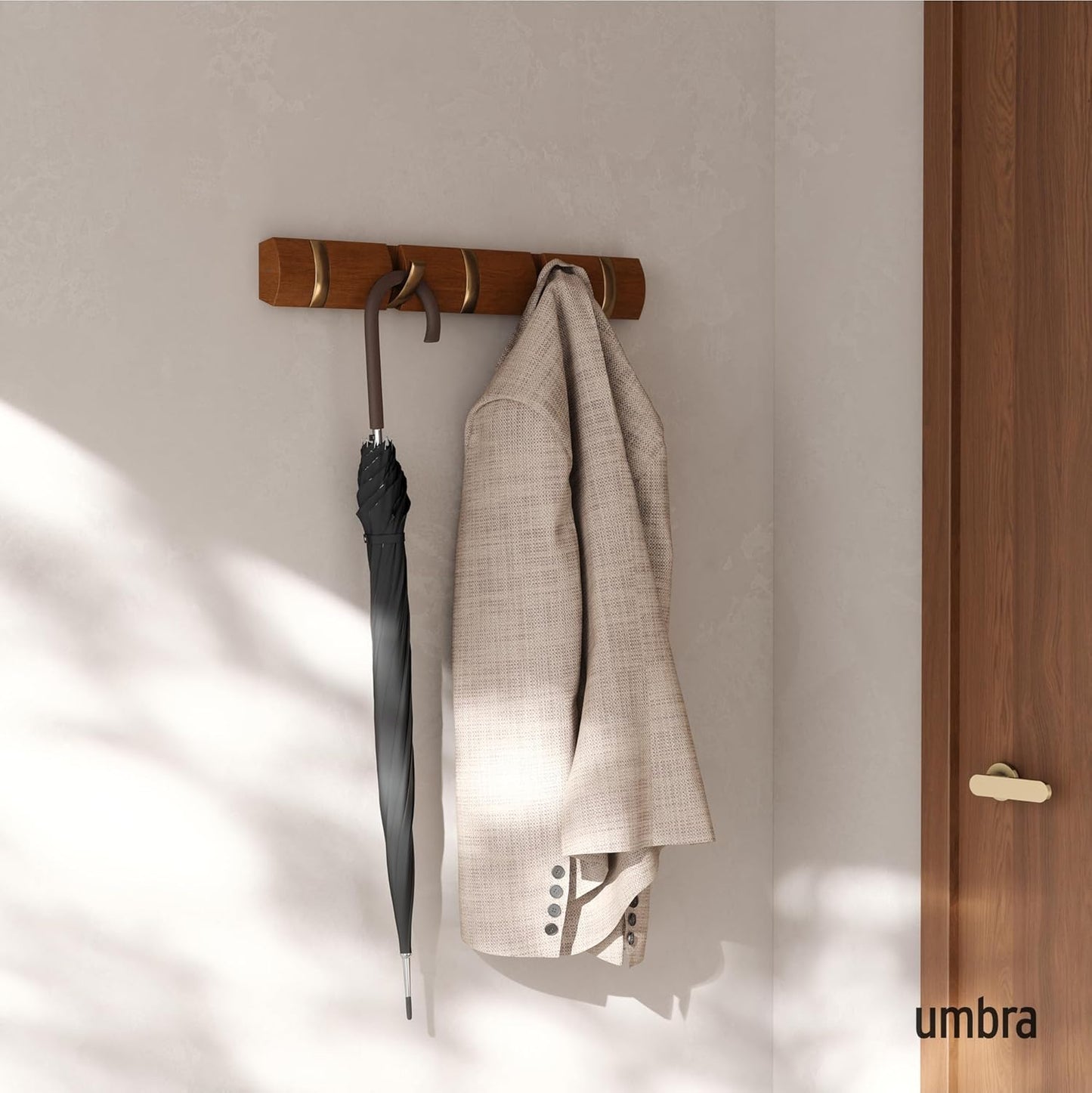 Umbra Flip Coat Rack, Wall Mounted 5-Hook Space Saving, Walnut/Gold | Real wood and steel build, retractable hooks fold