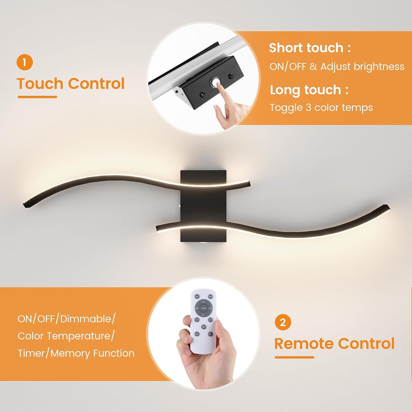 VOLISUN Battery Operated Wall Sconces Set of Two, 27.6 inch Wireless Wall Sconces, 3000K-6500K Dimmable Wall Lamps with