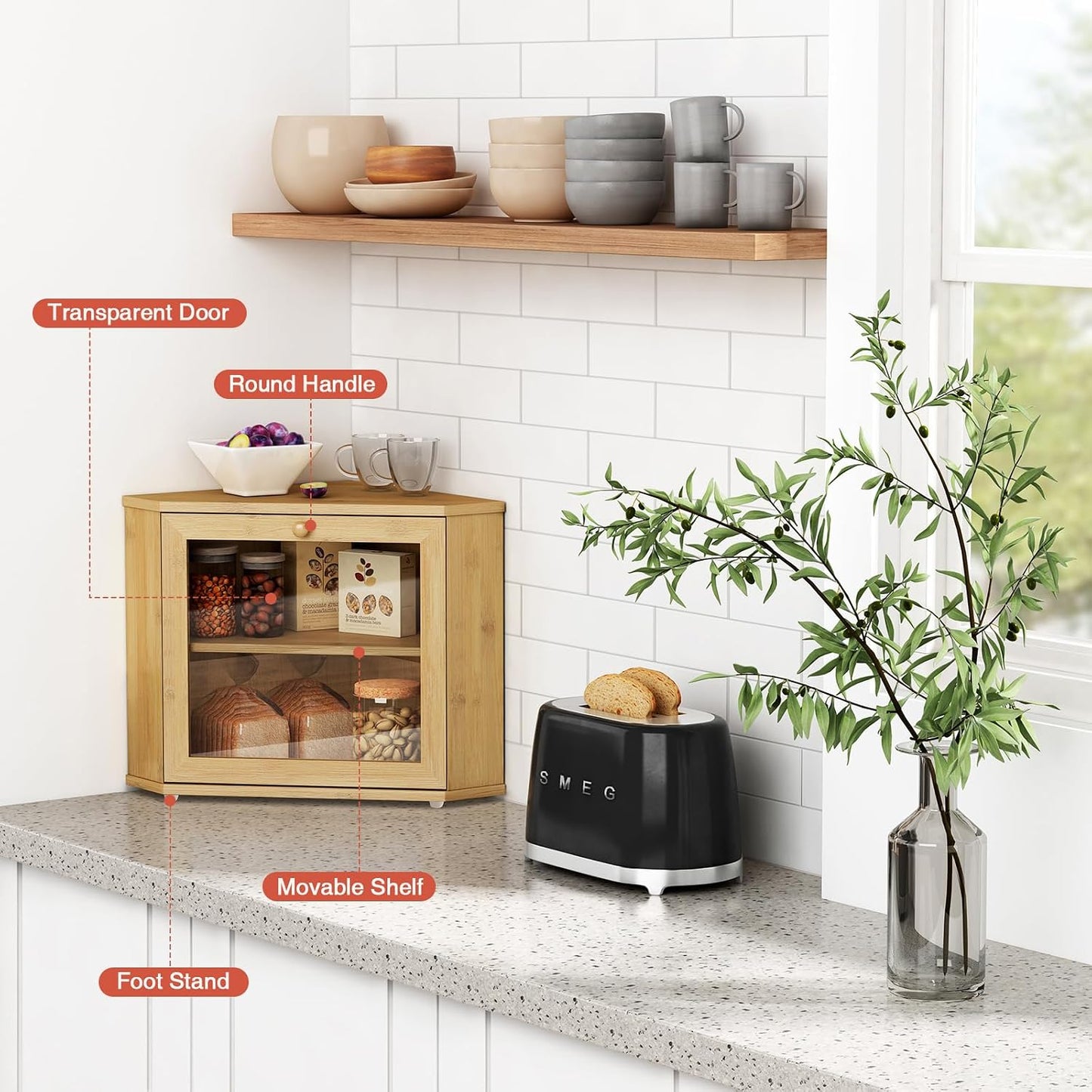 Goozii Bamboo Corner Bread Box for Kitchen Counter, 2 Tier Bread Keeper Wooden Round, Farmhouse Bread Storage Bin for