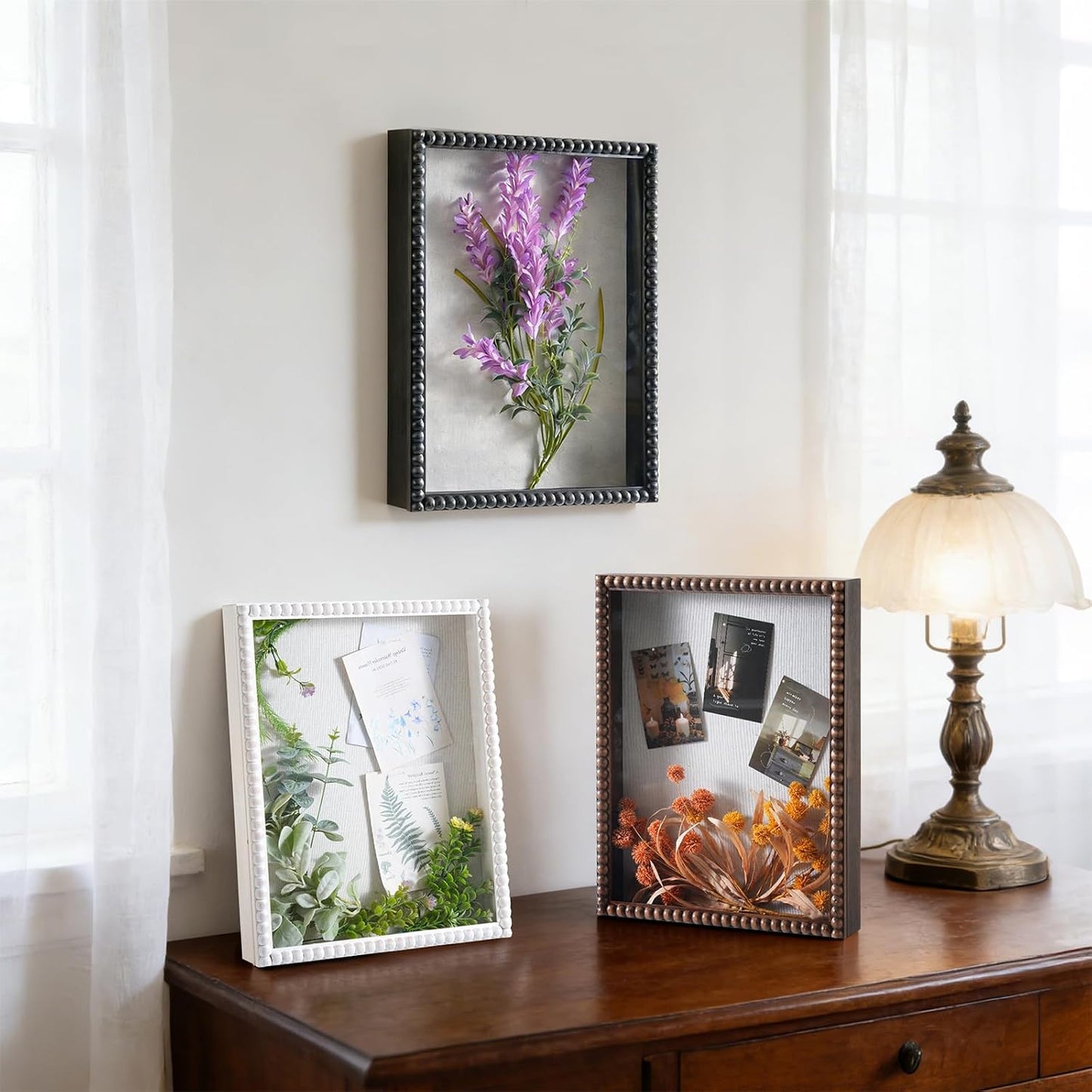 Muzilife 16x20 Shadow Box Pine Wood with Unique Bead Door, 3.18 Deep, White | FSC- Solid Pine | Tempered Glass