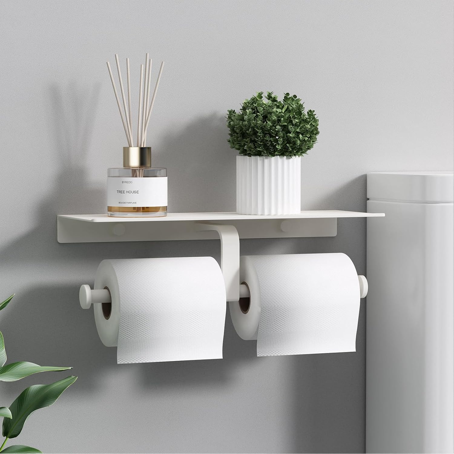 Bathroom Toilet Paper Holder with Shelf, Wall Mount, Double Roll, White