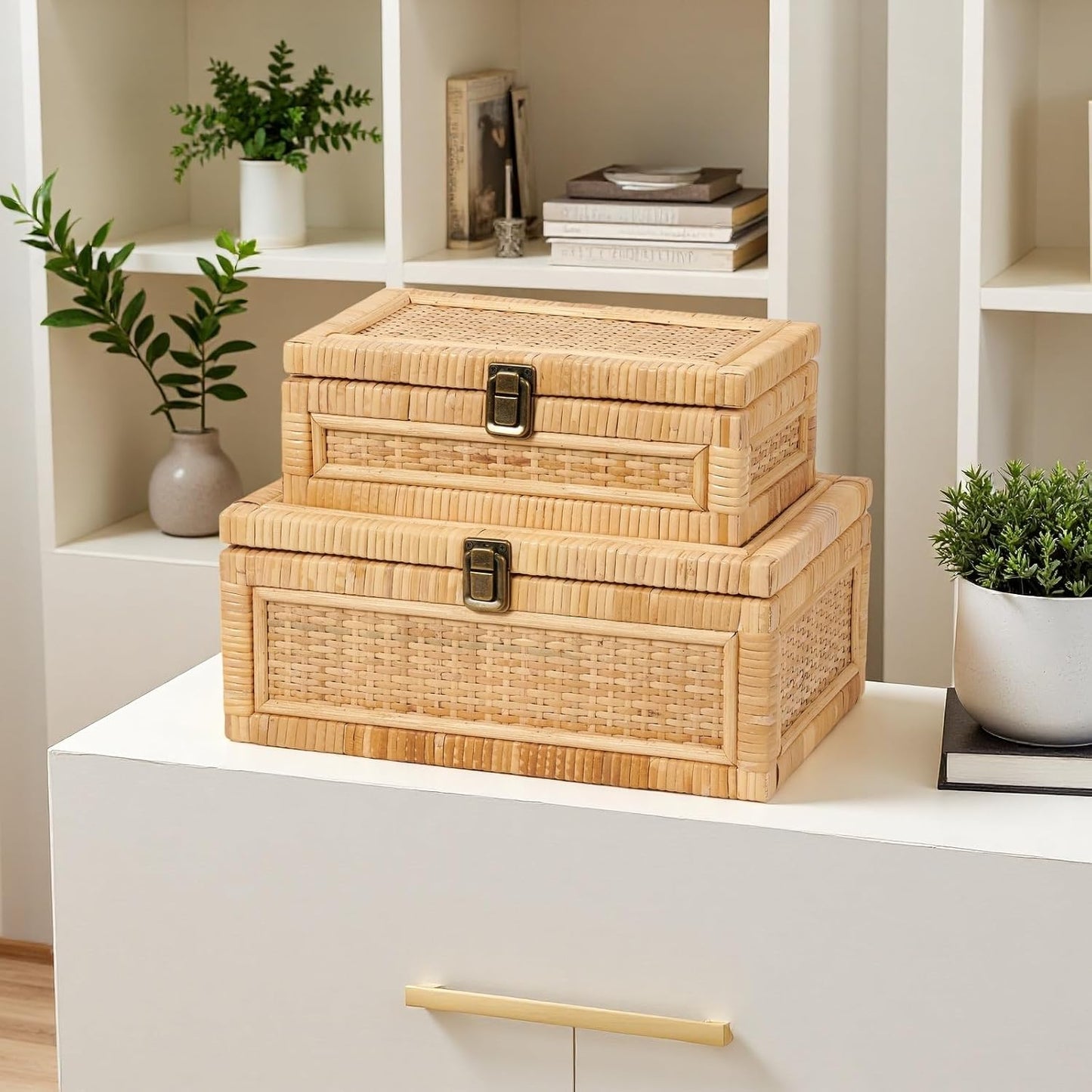 Lid Decorative Handmade Boho Baskets Woven Wicker Cane Bins Keepsake Memory / Natural / Set of 2