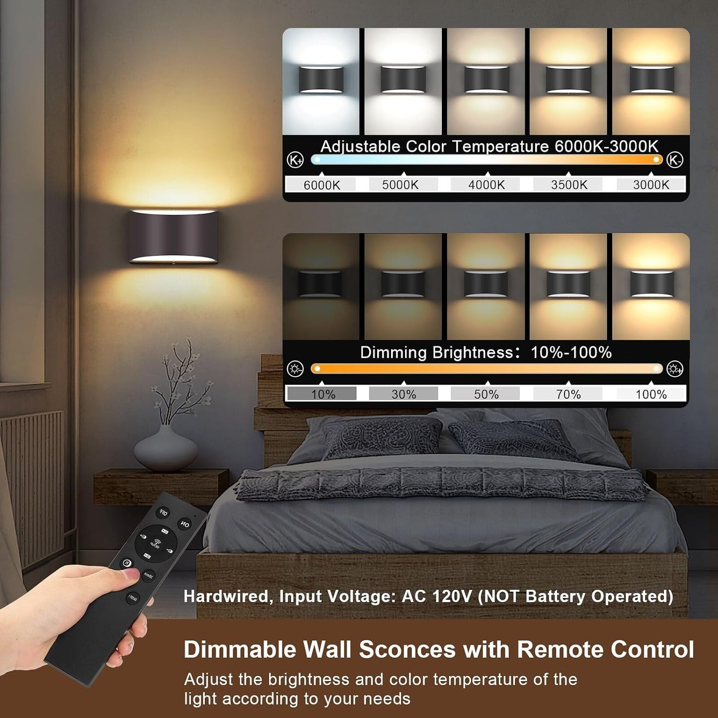 TRLIFE Modern LED Wall Sconces, Remote Control Dimmable and Adjustable Color Temperature 3000K~6000K Aluminum 12W