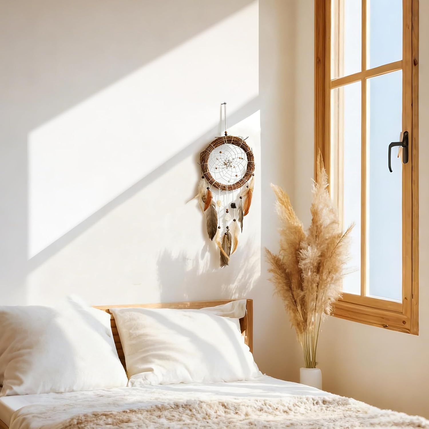 Dream Catcher Native American Boho Dreamcatcher Rattan Wall Decor / Brown with Crystal