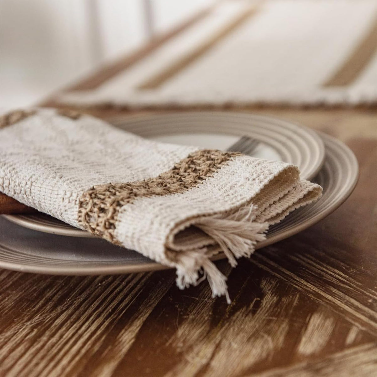 Boho Placemats Set of 8, 12x18 Inch Natural Cotton Burlap and Kitchen Woven Placemats with Tassels for Dining Table