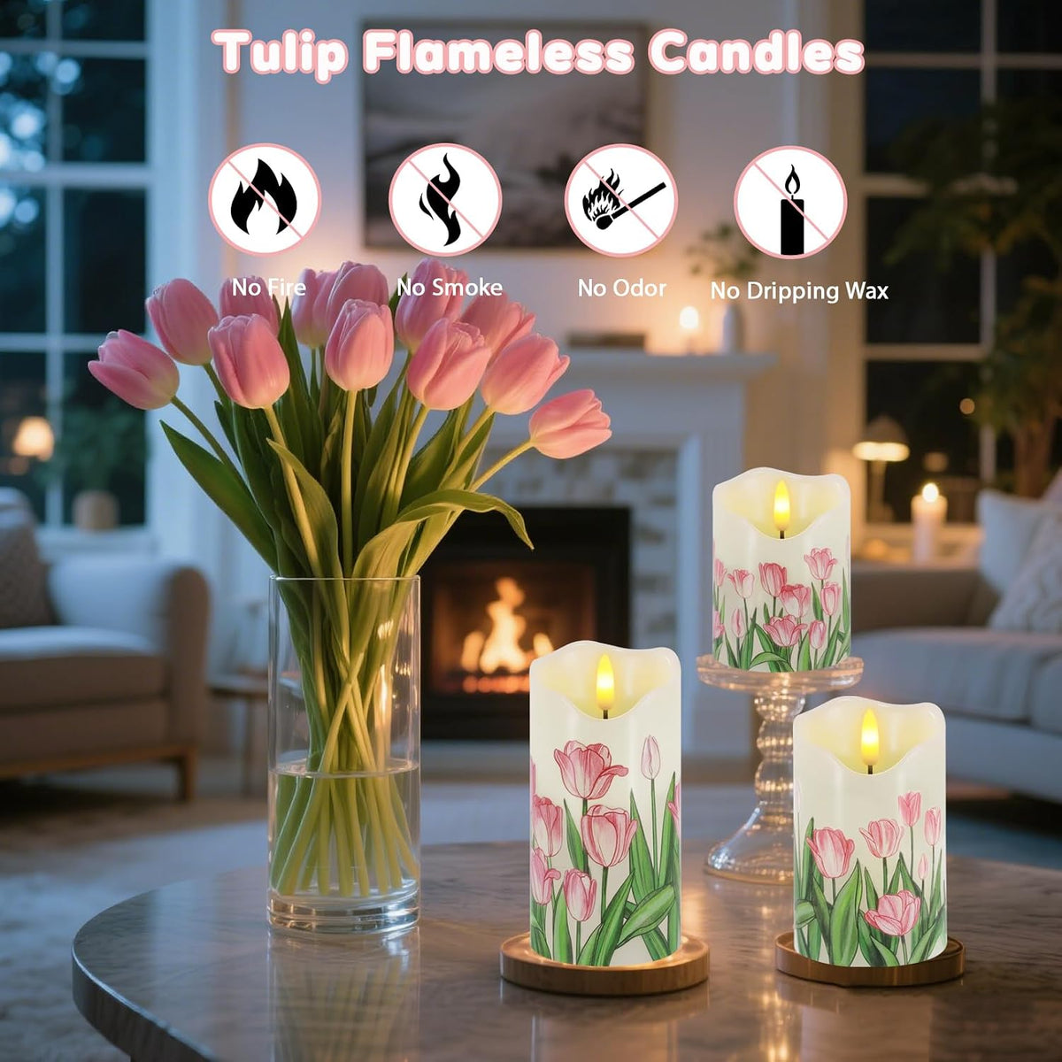 Tulip Flameless Candles Set of 3, Spring LED Candles with Remote & Timer | Flickering Real Wax Pillar Candles Battery
