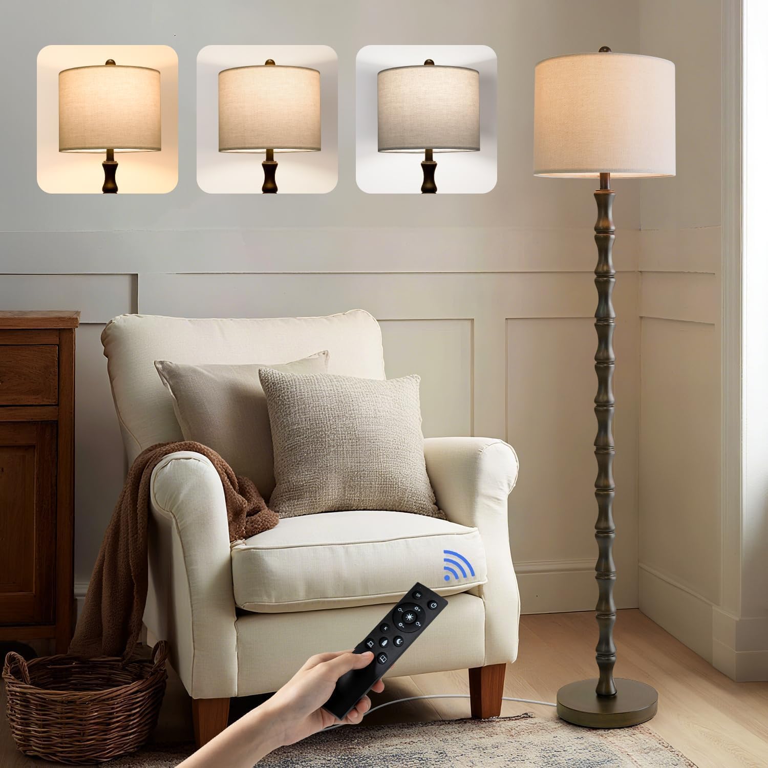 BOBOMOMO 62" Rustic Farmhouse Floor Lamp Dark Brown with Remote & Dimmable 9W Bulb, 3 Color Temperatures Resin Standing