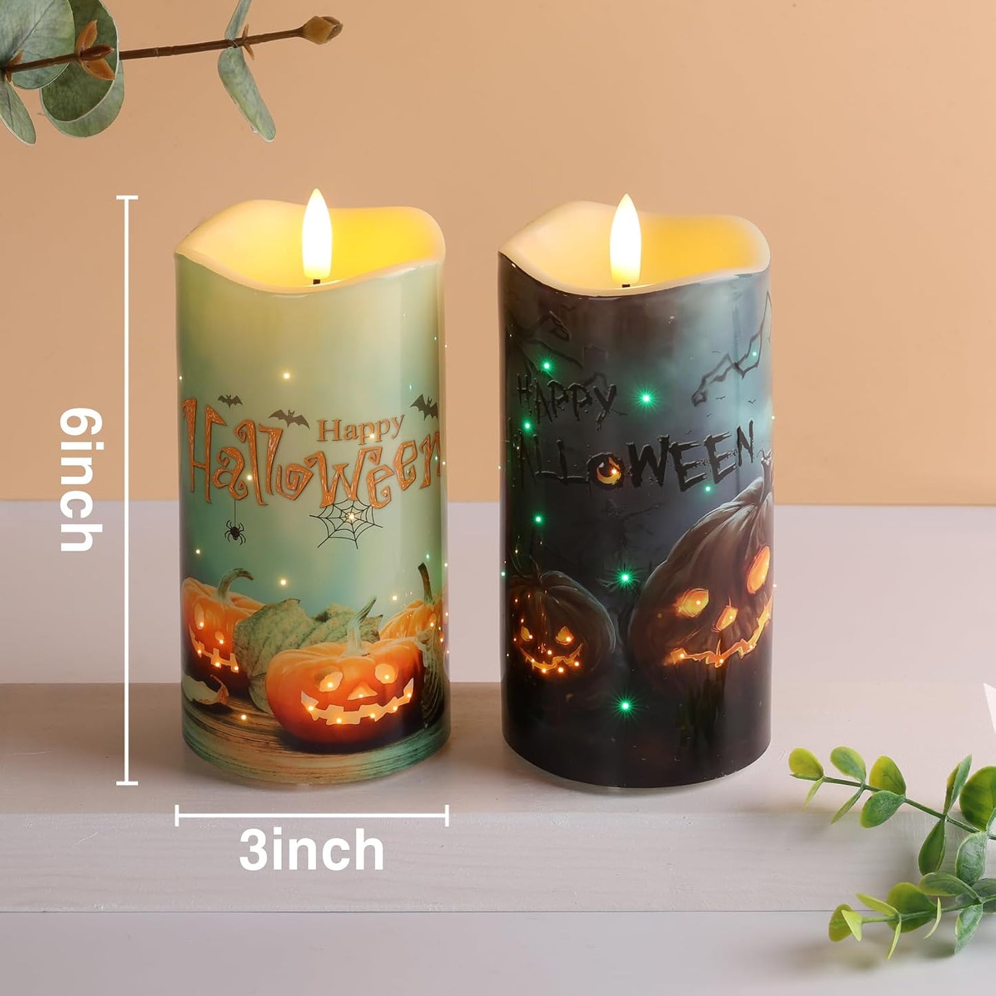 Halloween Pumpkin Fiber Optic Flameless Pillar Candles with Remote | Flickering Spooky LED Candles Set of 2, 3 AA