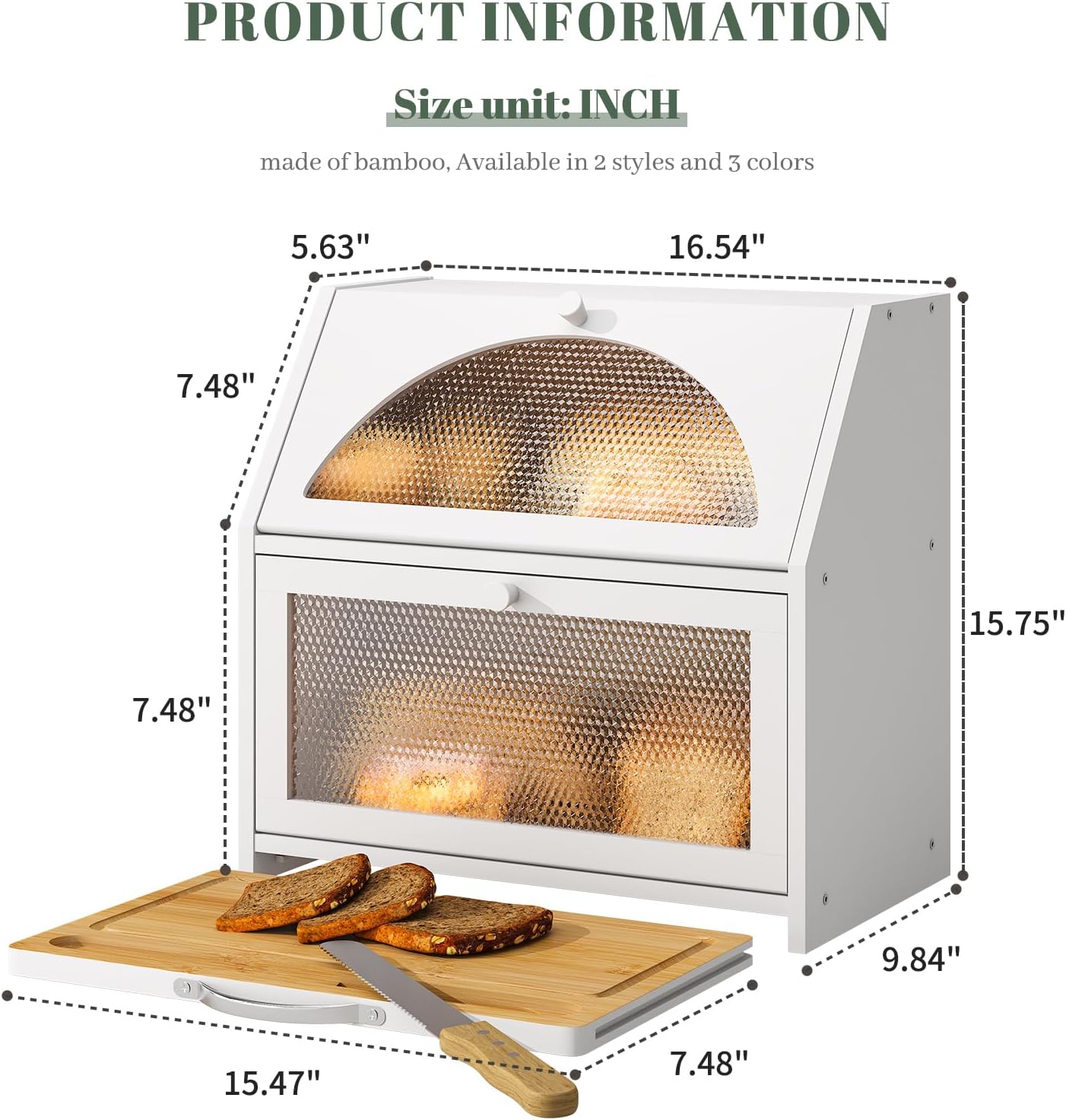 STDDRE Double Layer Bamboo Corner Bread Box with Cutting Board(White) | Extra-large capacity. Double Layer Bread