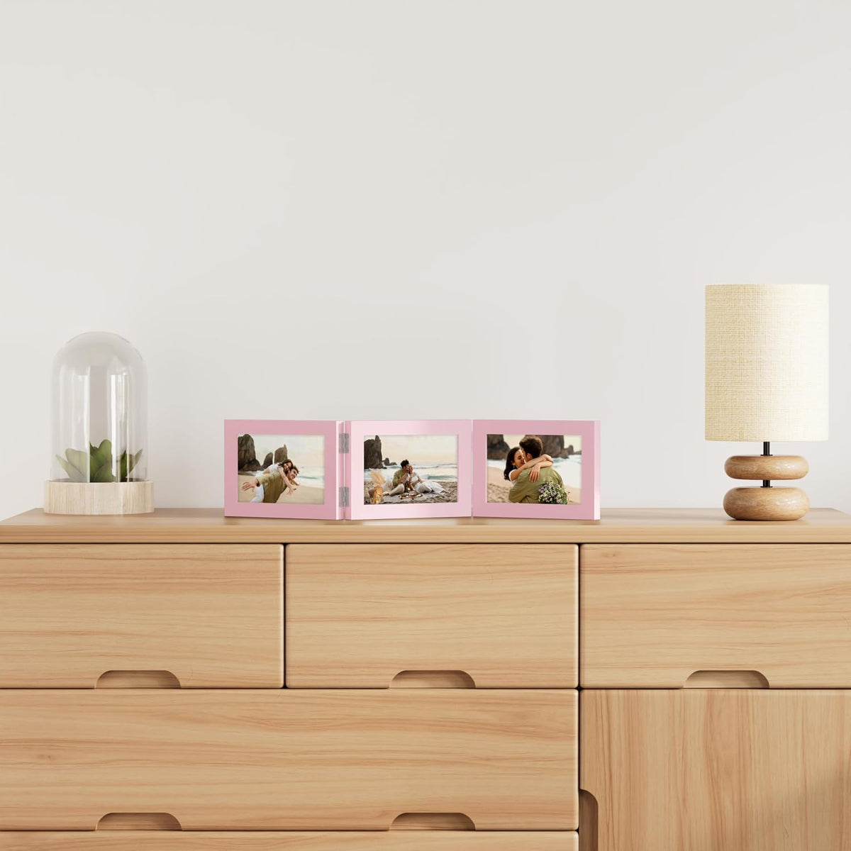decorUhome Pink Triple 7x5 Picture Frame Horizontal, MDPK08 | "Z" Shape Folding Design Engineered Wood Trifold Photo