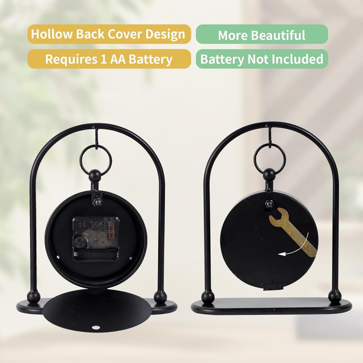 Vintage Metal Table Clock, Farmhouse Table Clock, Small Black Silent Non-Ticking Battery Operated Desk and Shelf Clocks