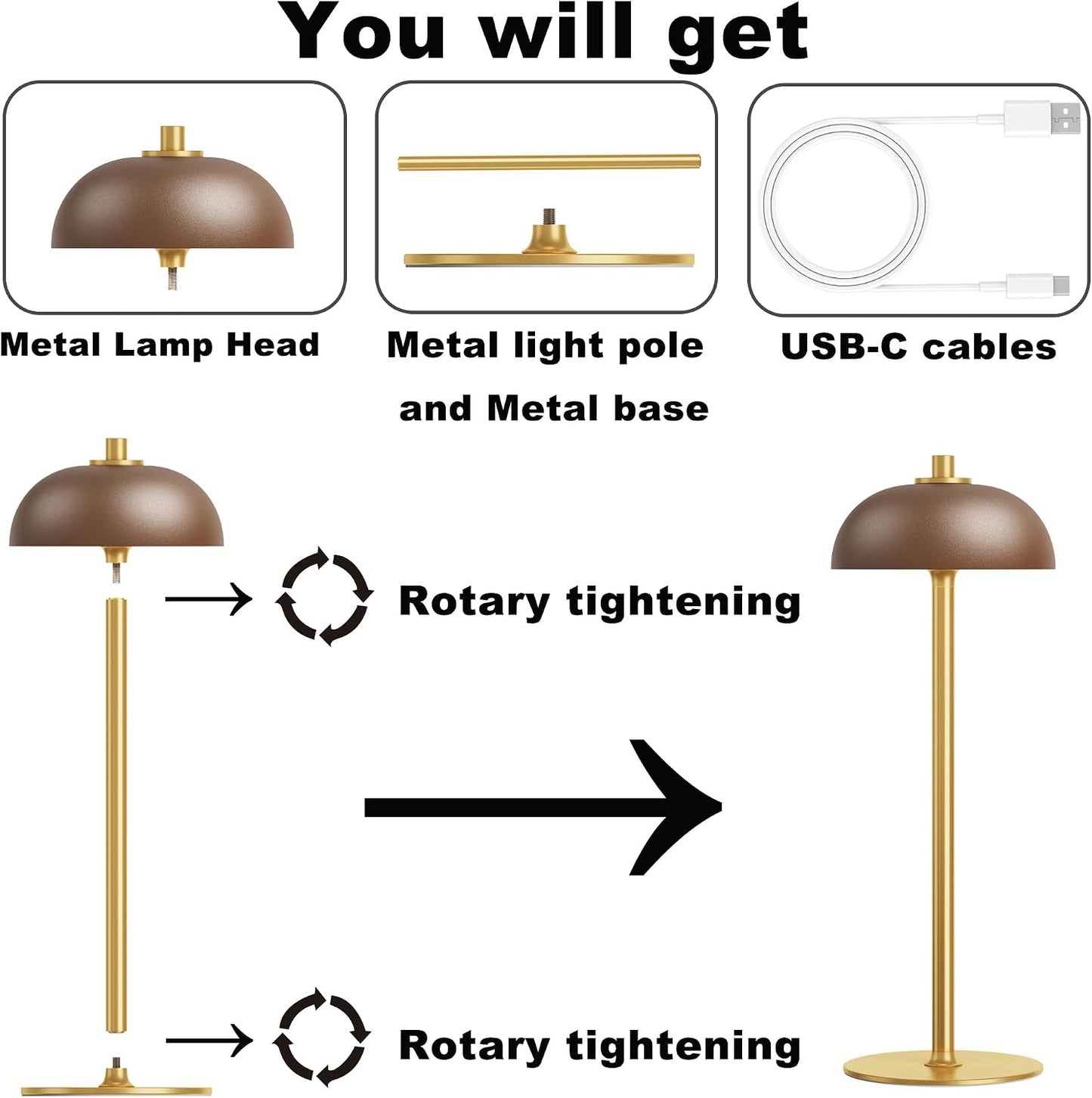 2 Pack Cordless Table Lamp Rechargeable, 5000mAh Battery Table Light | 3 Color Stepless Dimming Metal Table Light with
