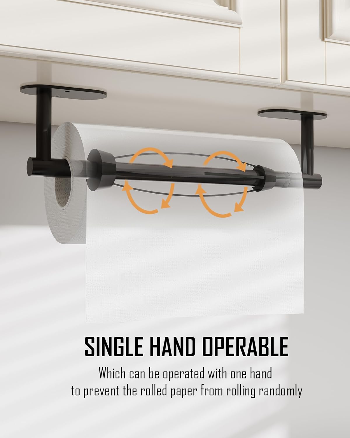 Paper Towel Holder Under Cabinet One Hand Operable, Matte Black | Round Base,Damping Effect, Drill Wall Mount or
