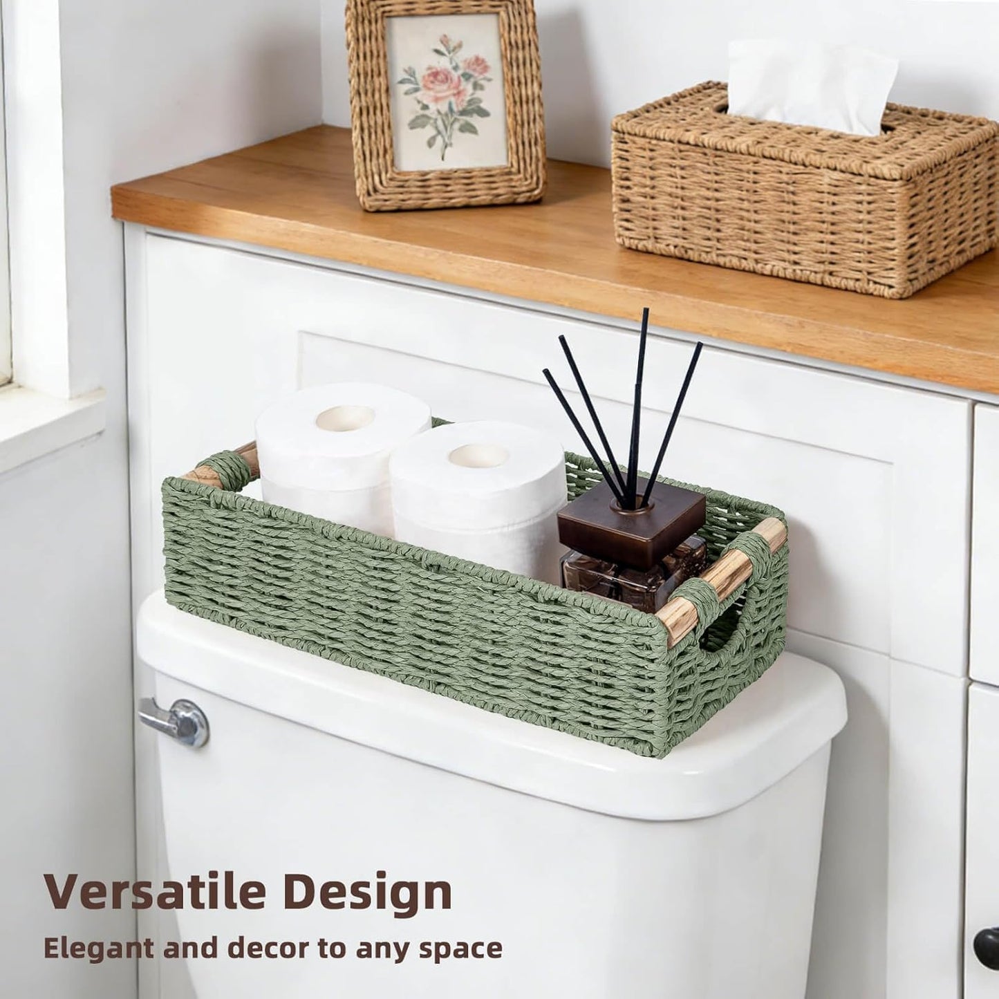 Handwoven Toilet Tank Top Paper Baskets / Green