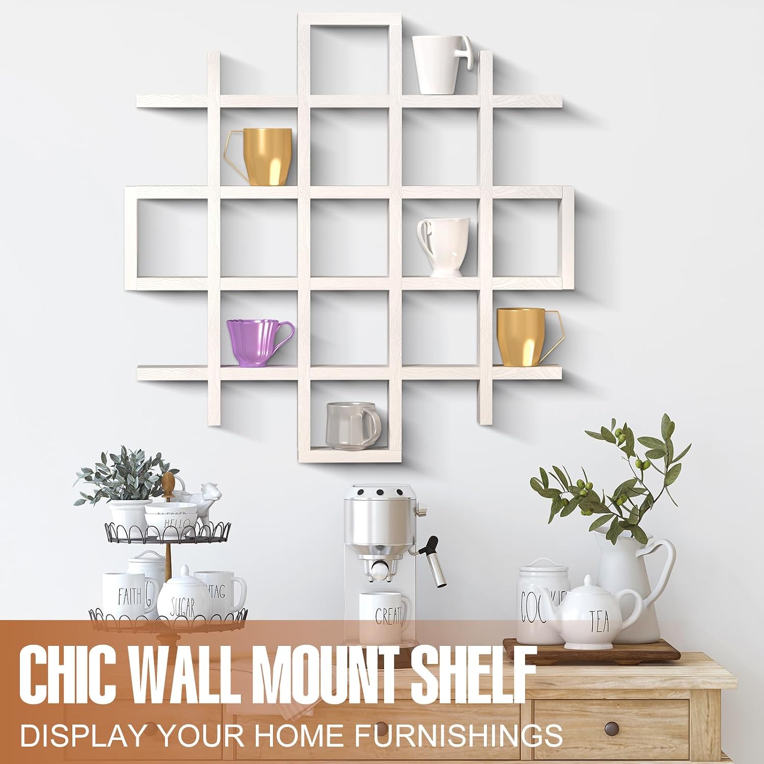 Suzile Mug Display Shelf Wall Mounted,Grid Size 5.1x5.1x3in,White | Rustic Wood Floating Shadow Box for Coffee Mugs