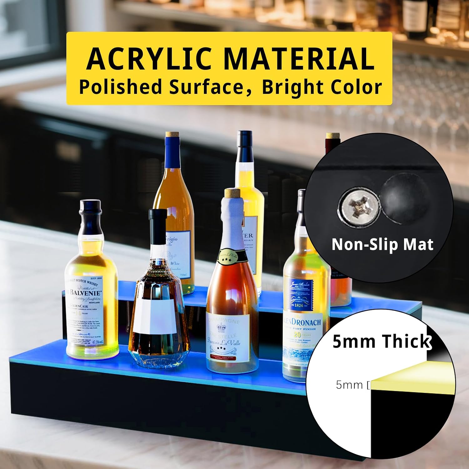 VONCI LED Lighted Liquor Bottle Display Shelf,16-Inch 2-Step Bar Bottle Display Shelf Bar Shelves for Liquor Bottles