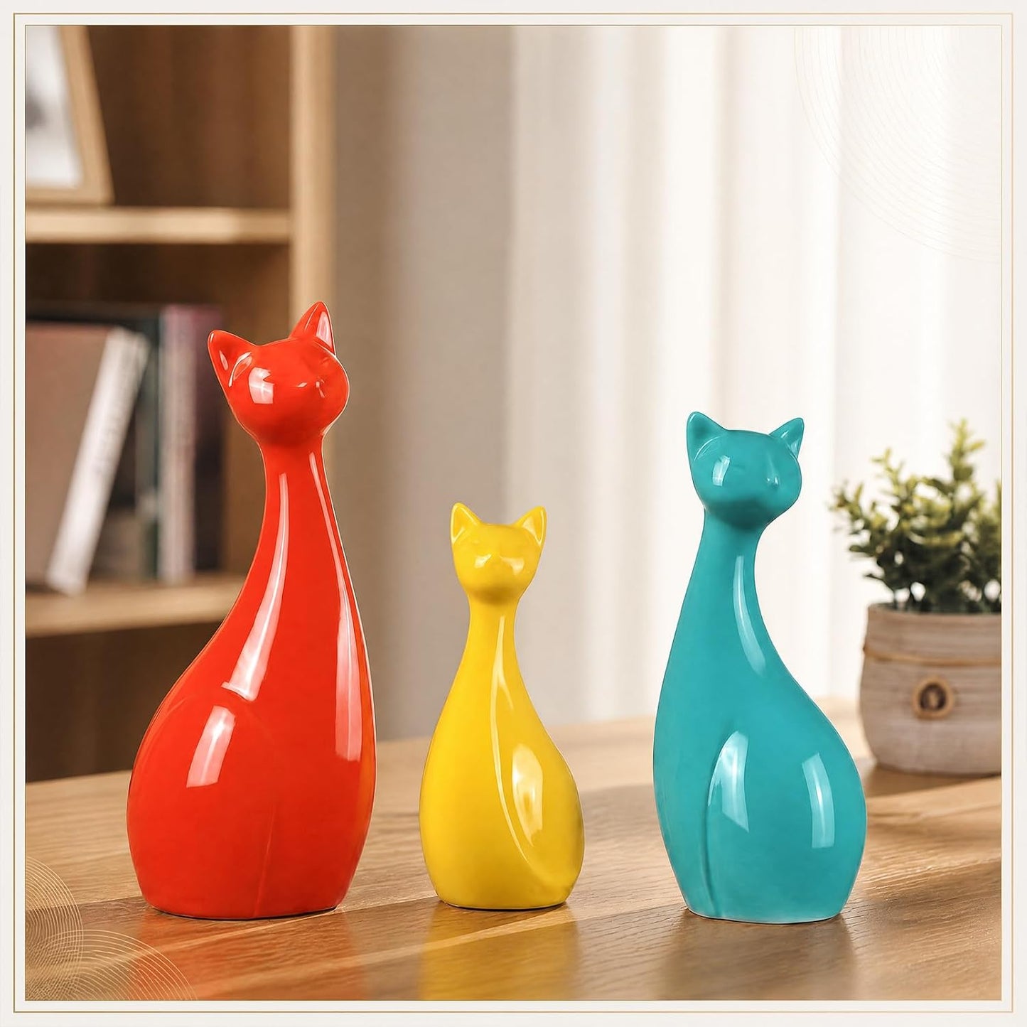 Mid Century Modern Decor Medieval Table Decor Ceramic Cats Blue and Yellow / Orange / Set of 3