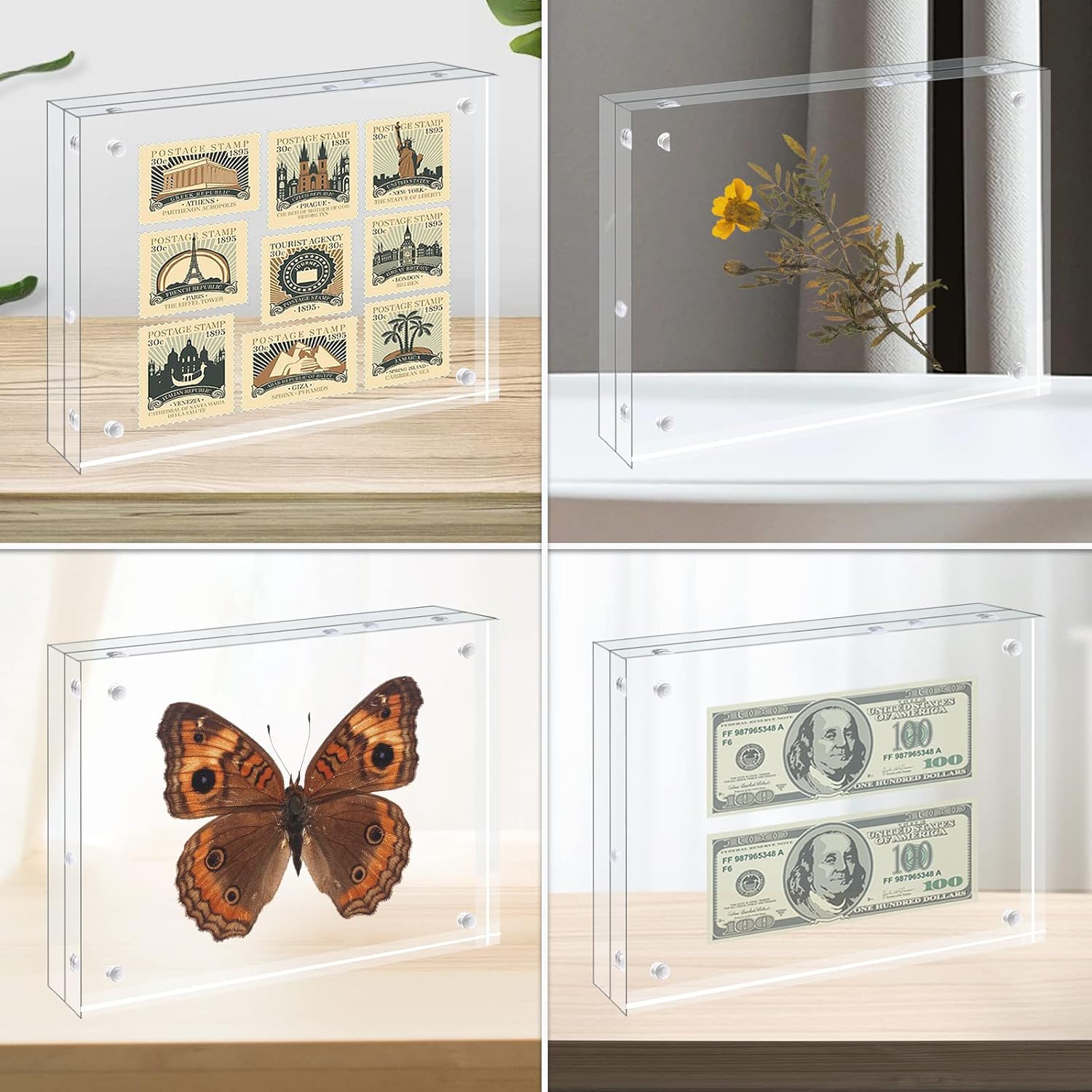 Egofine 8x8 Acrylic Frame 6 Pack, 20mm Thicker Frameless Clear Picture Frame, Double Sided Magnetic Picture Frame, Free