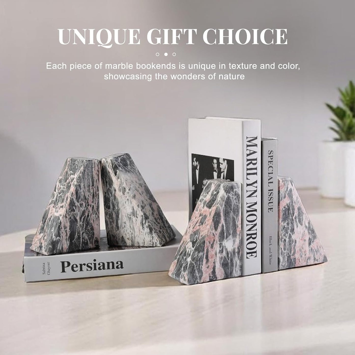 Marble Bookends / Large Bookends for Heavy Books / Grey&pink